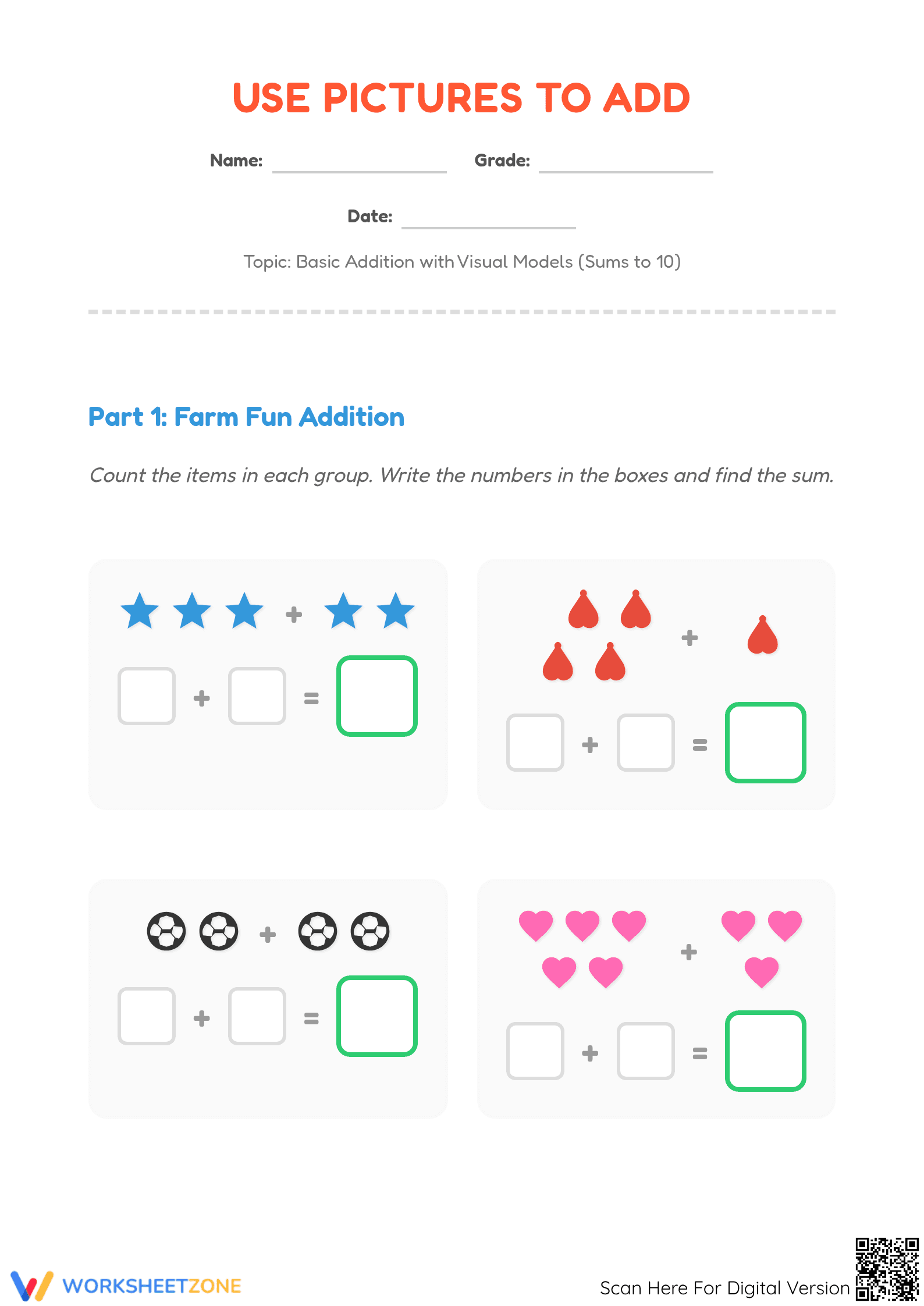 Printable Addition Worksheet | Grade 1 Math - Page 1