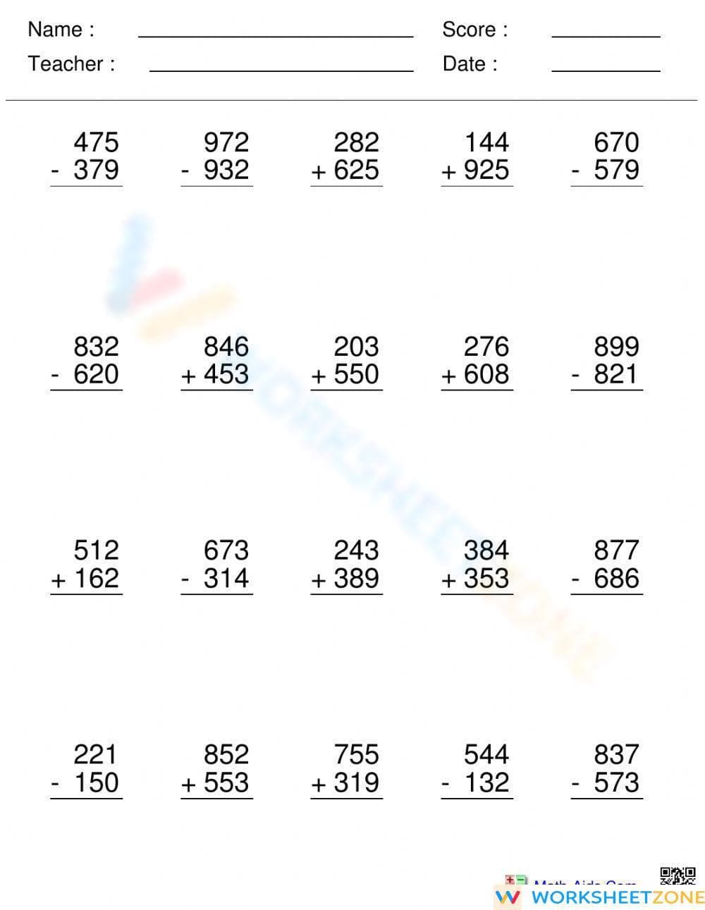 Multi-Digit Add and Subtract Skills - Page 1