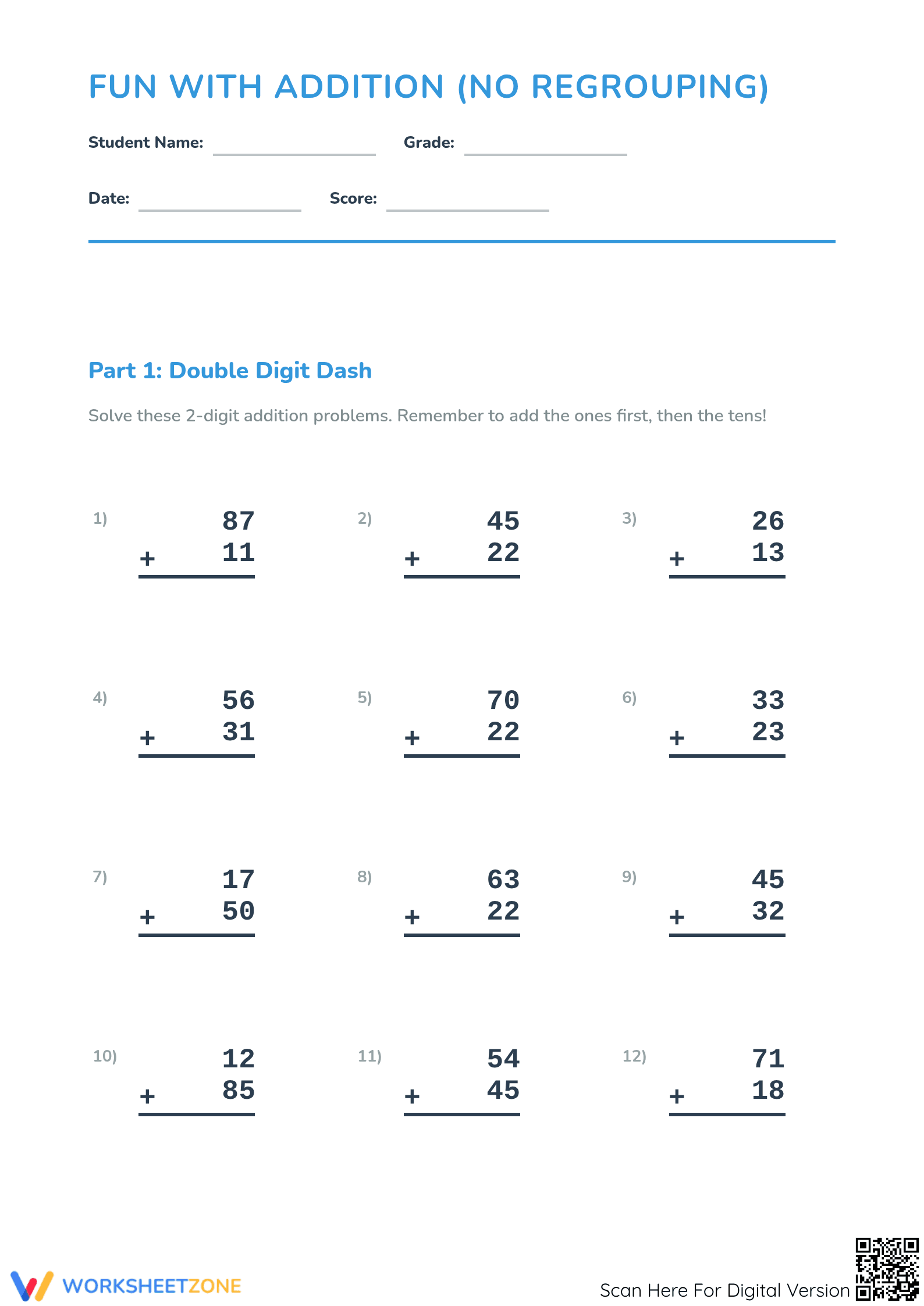Essential Grade 3 Addition Worksheet without Regrouping - Page 1