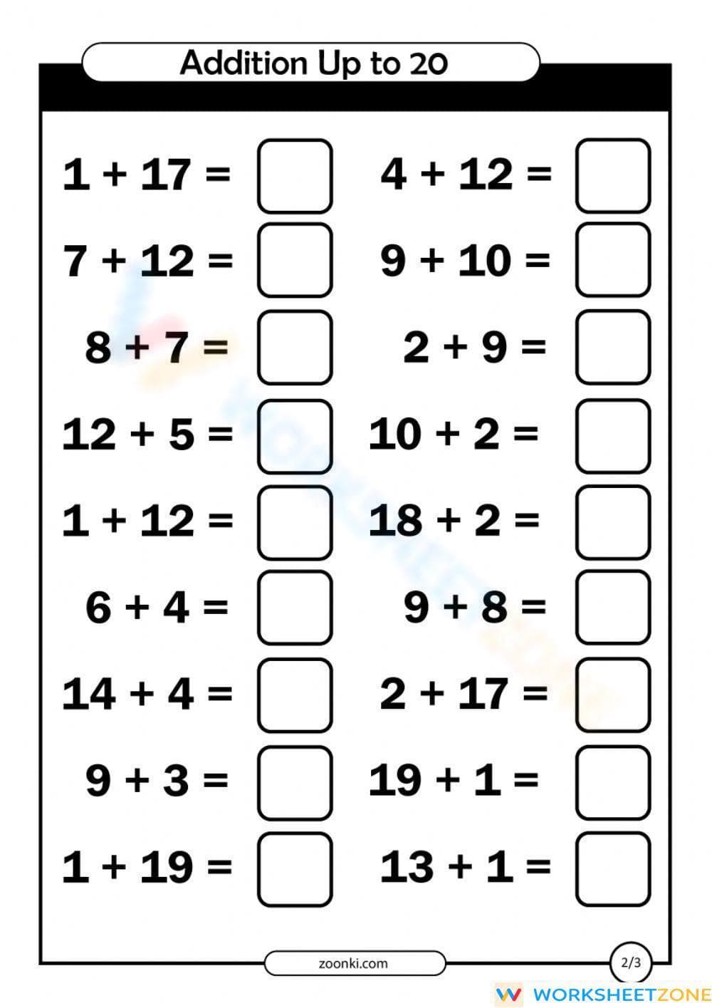 Addition within 20: Practice Worksheet - Page 1