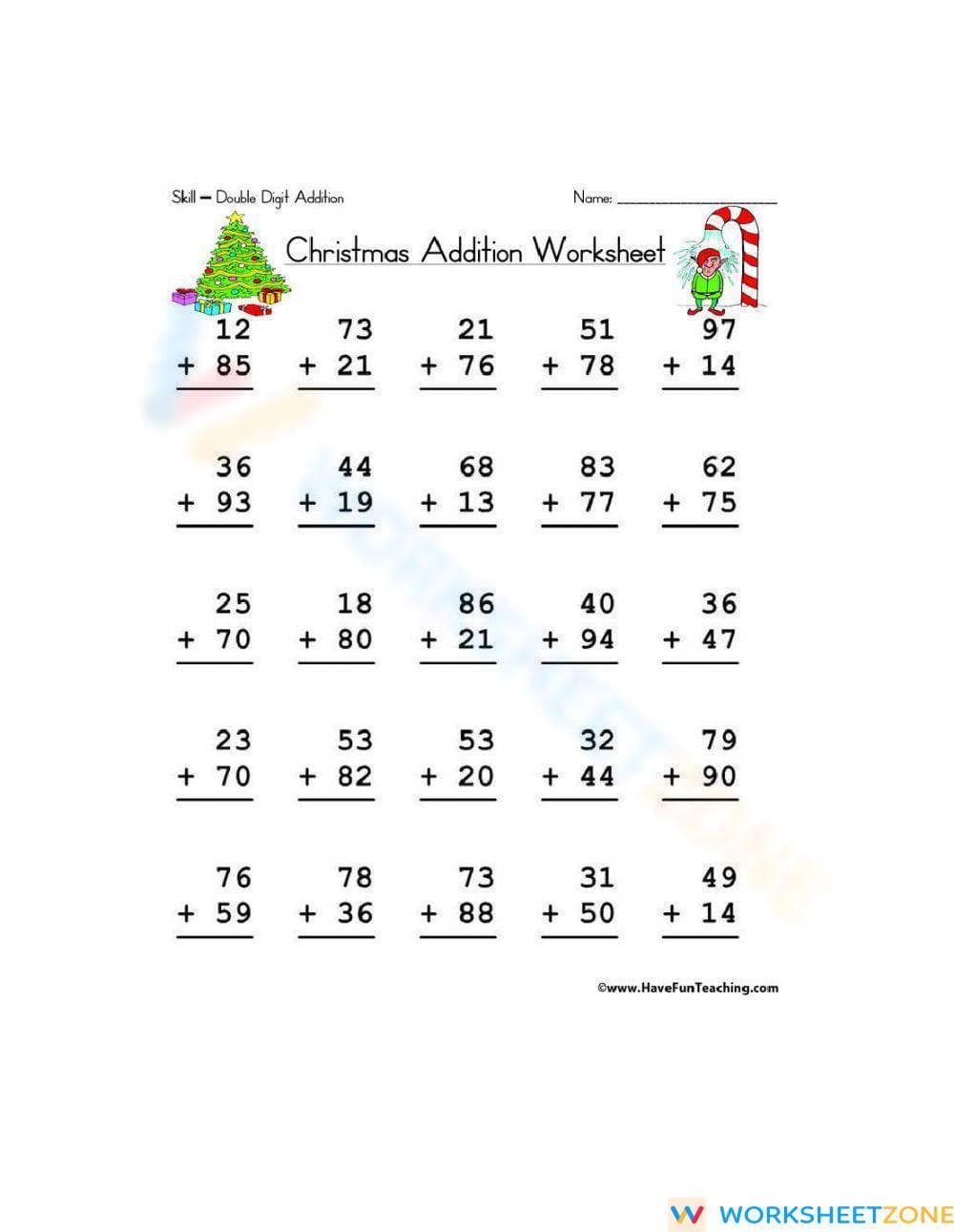 Christmas Double Digit Addition Math Worksheet - Page 1