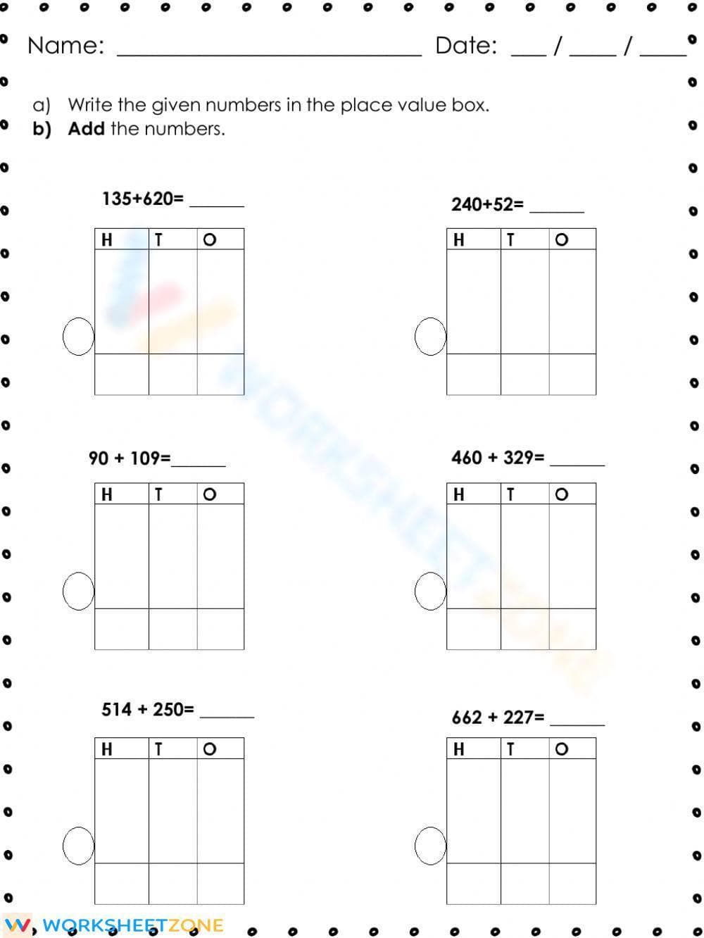 3-Digit Numbers Addition Worksheet - Page 1