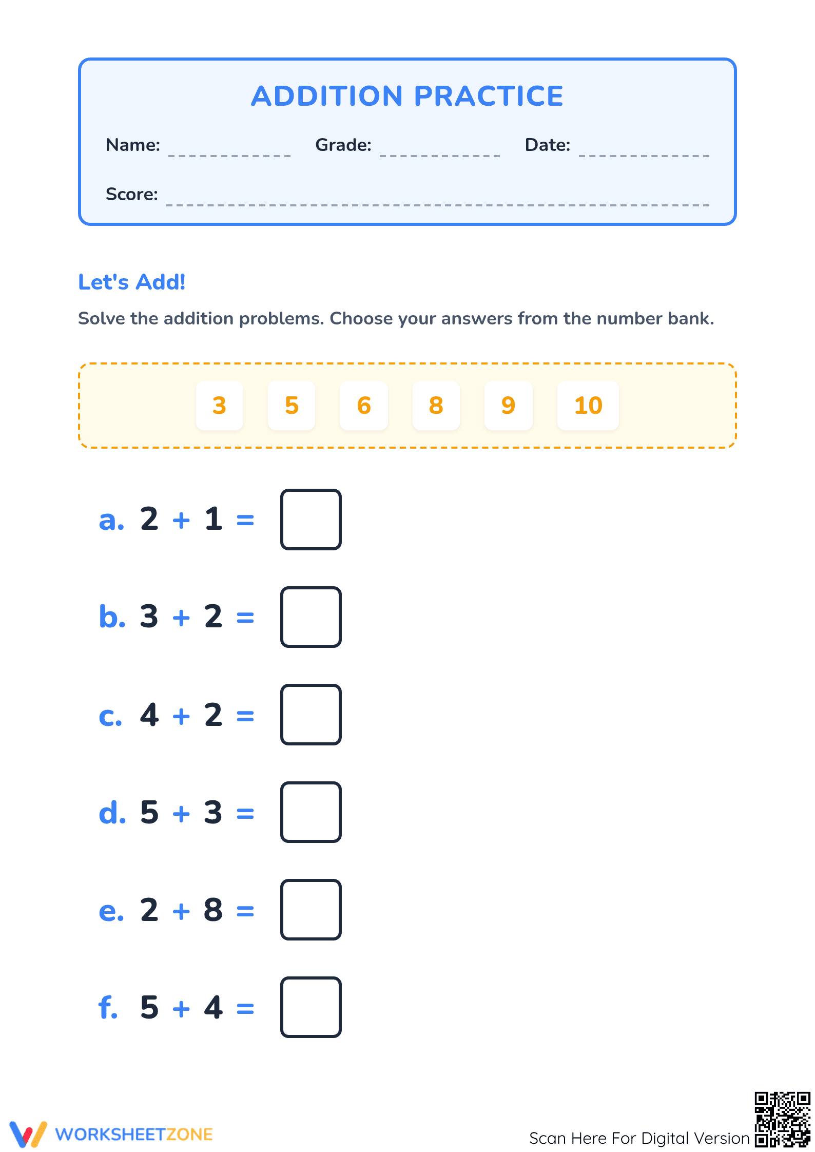 Grade 1 Addition Practice — Printable No-Prep Worksheet - Page 1