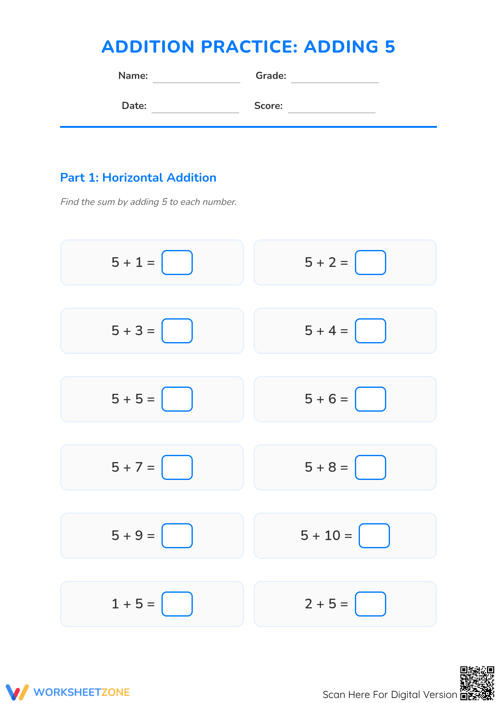 Printable Adding 5 Worksheet | Grade 1 Math Practice - Page 1