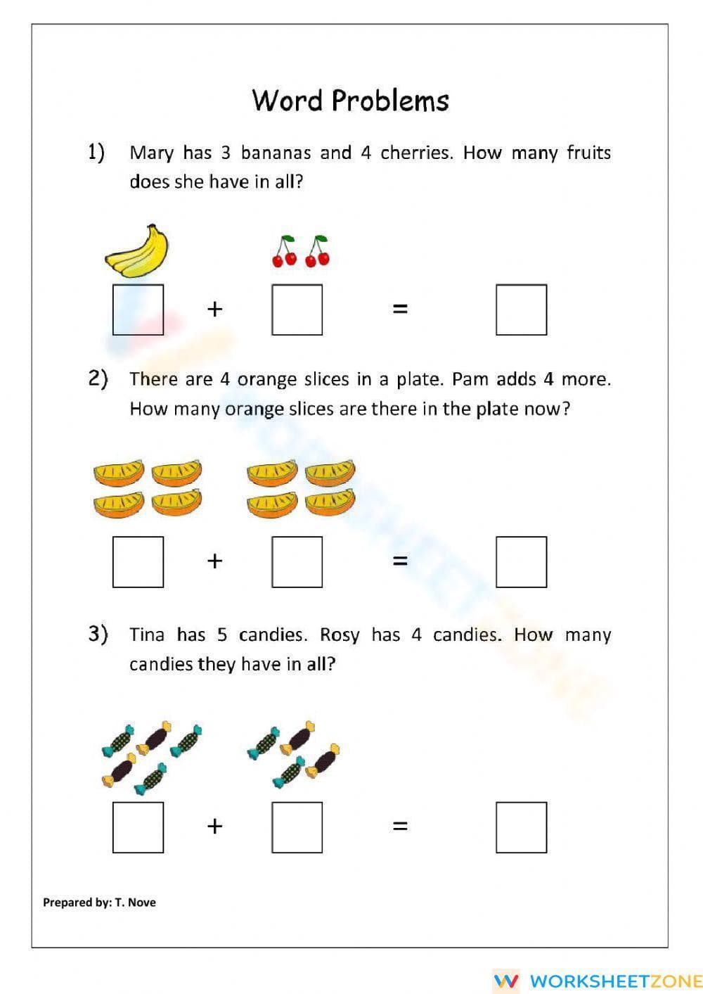 Math Word Problems: Fruits, Candies Addition - Page 1