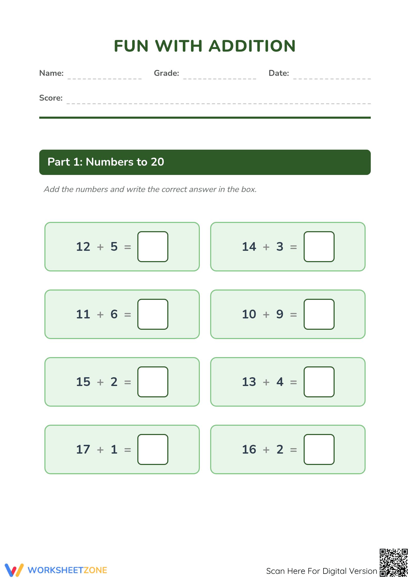 Printable Addition Worksheet | Grade 1 Math - Page 1