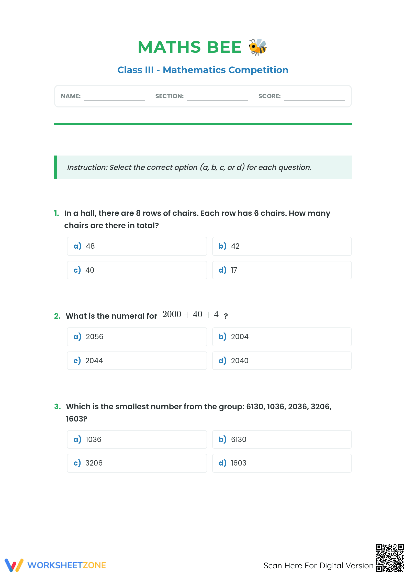 Grade 3 Math Bee Competition | Essential Review Worksheet - Page 1