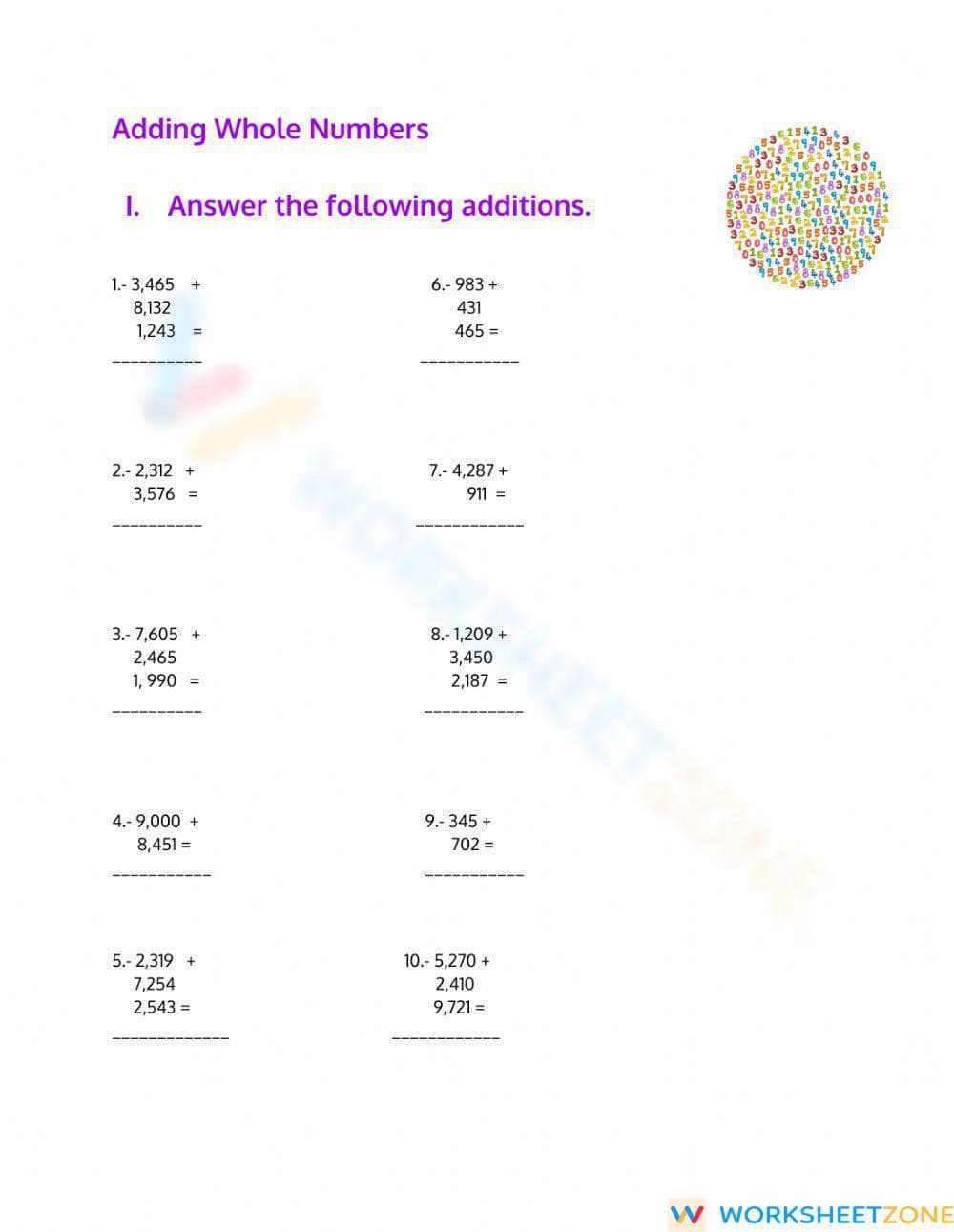 Practice Adding Whole Numbers with This Sheet - Page 1