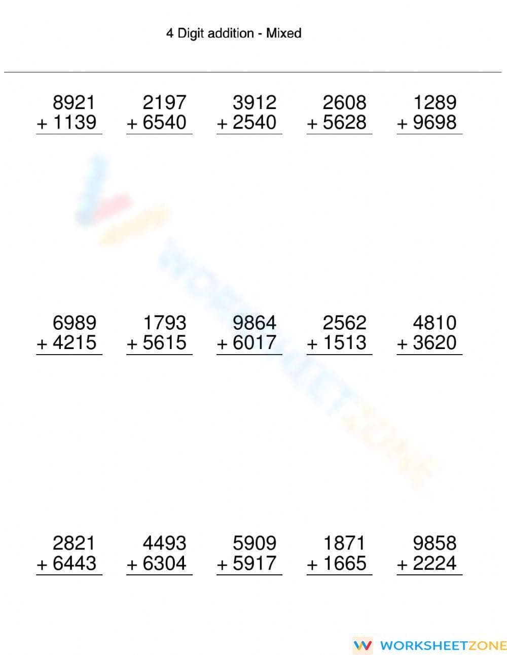 Mixed Four-Digit Addition Worksheet - Page 1