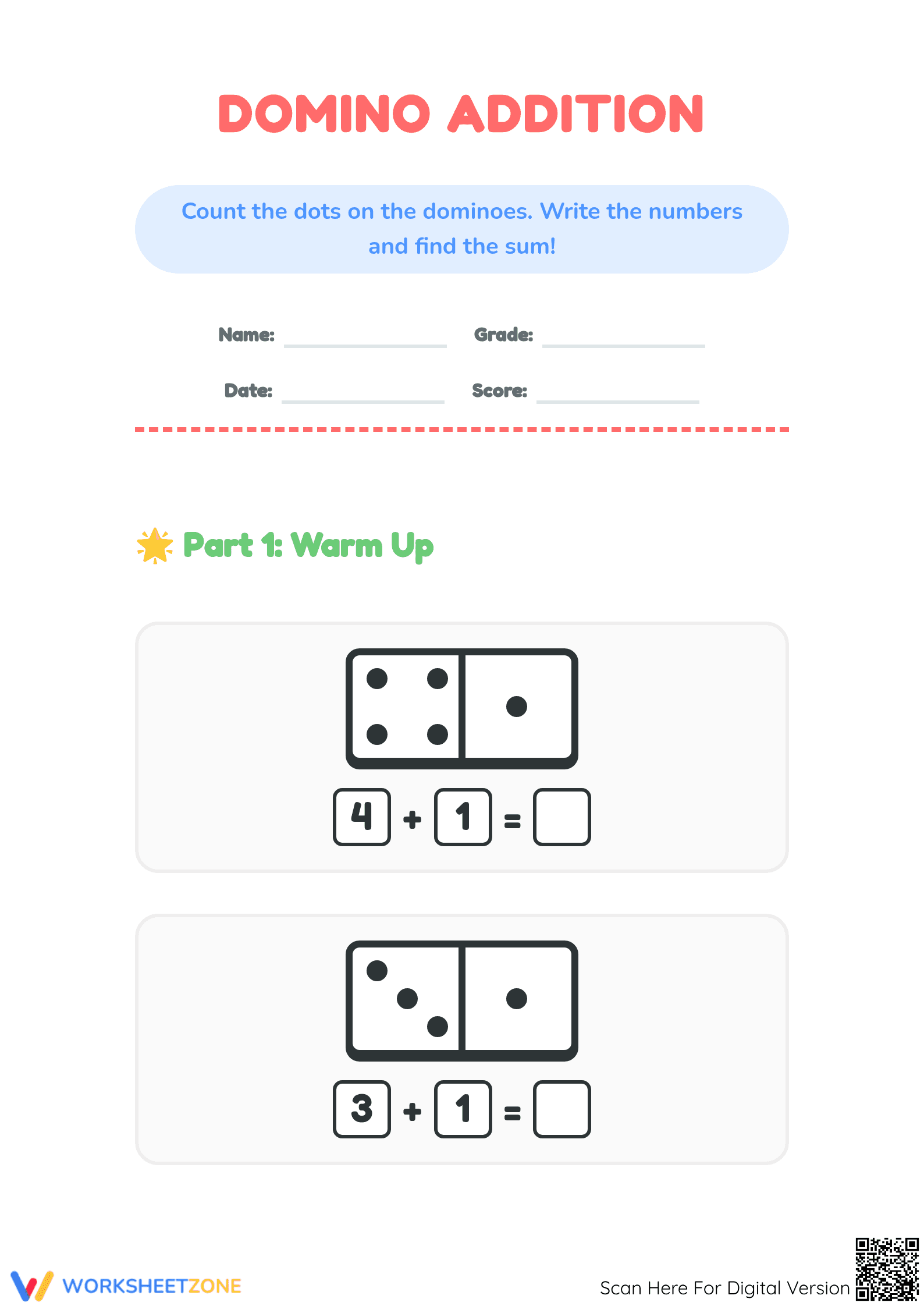 Printable Domino Addition Worksheet | Kindergarten Math - Page 1
