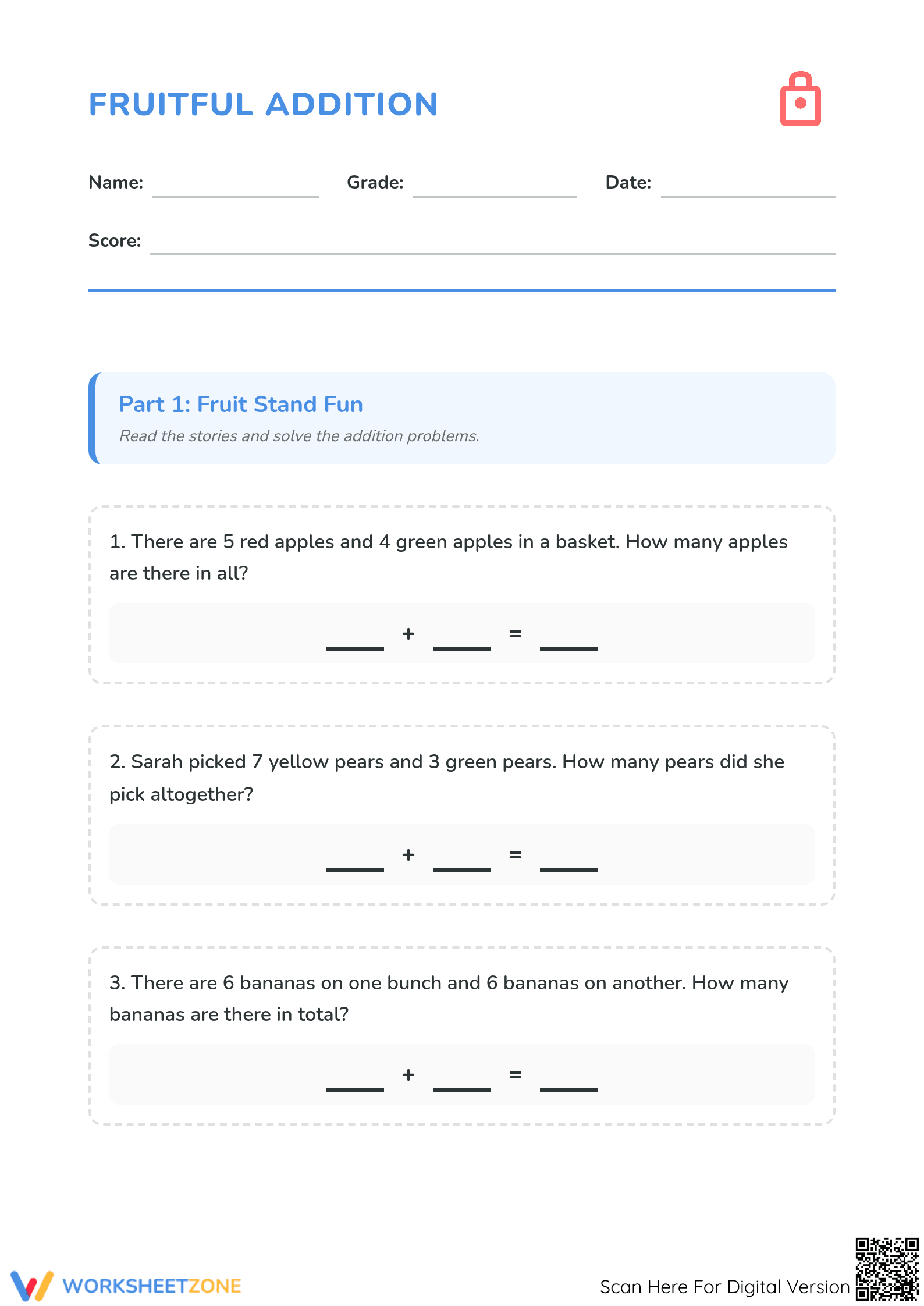 Grade 1 Addition Word Problems — Printable No-Prep Worksheet - Page 1