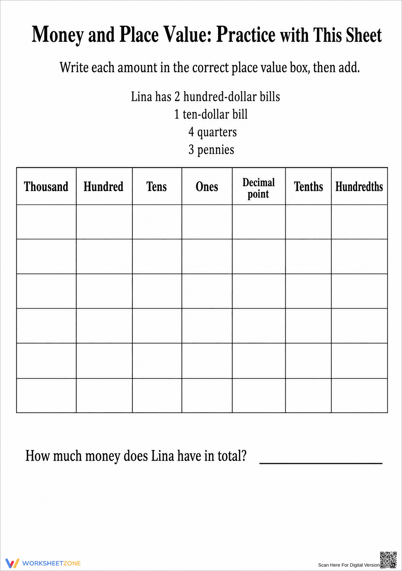 Printable Money & Place Value Worksheet | Grade 4 Math - Page 1