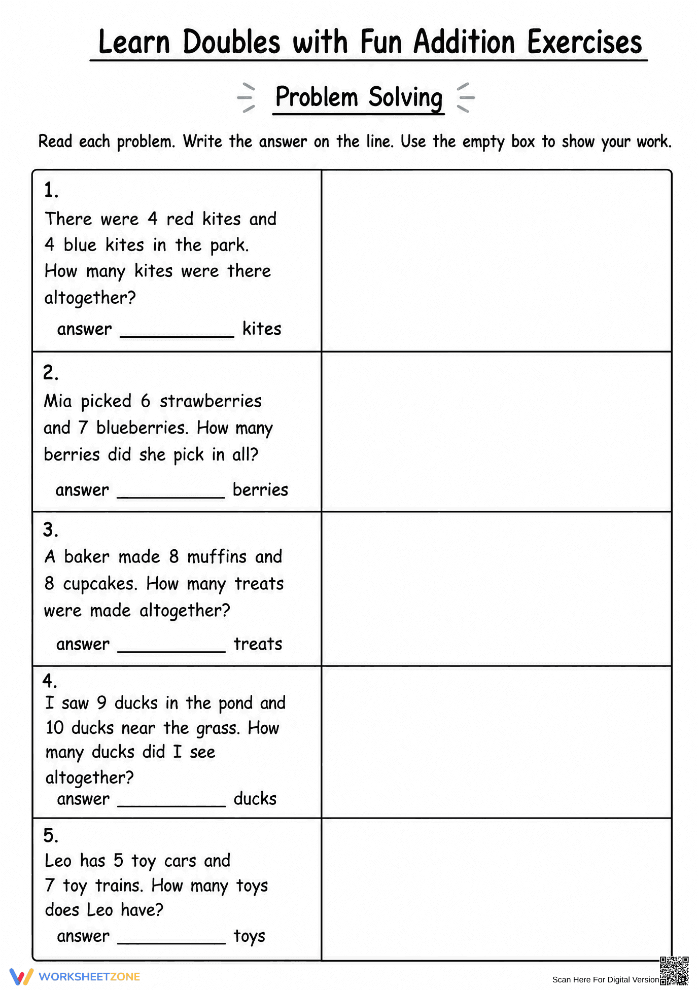Grade 1 Doubles Addition Word Problems | Essential - Page 1