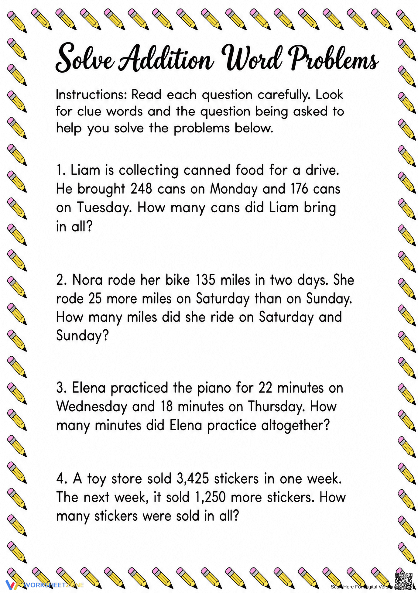 Addition Word Problems Printable | Grade 3 Math - Page 1