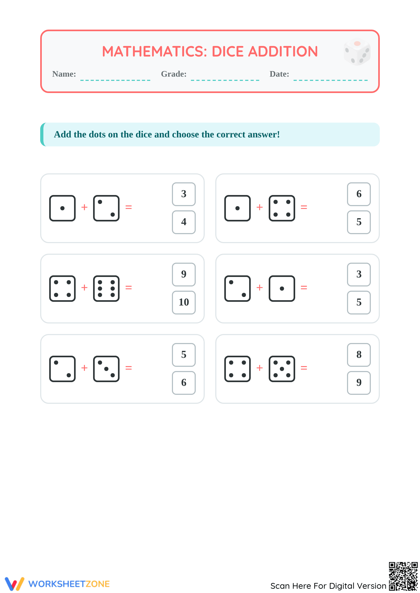 Dice Addition Worksheet | Grade 1 Essential Math - Page 1