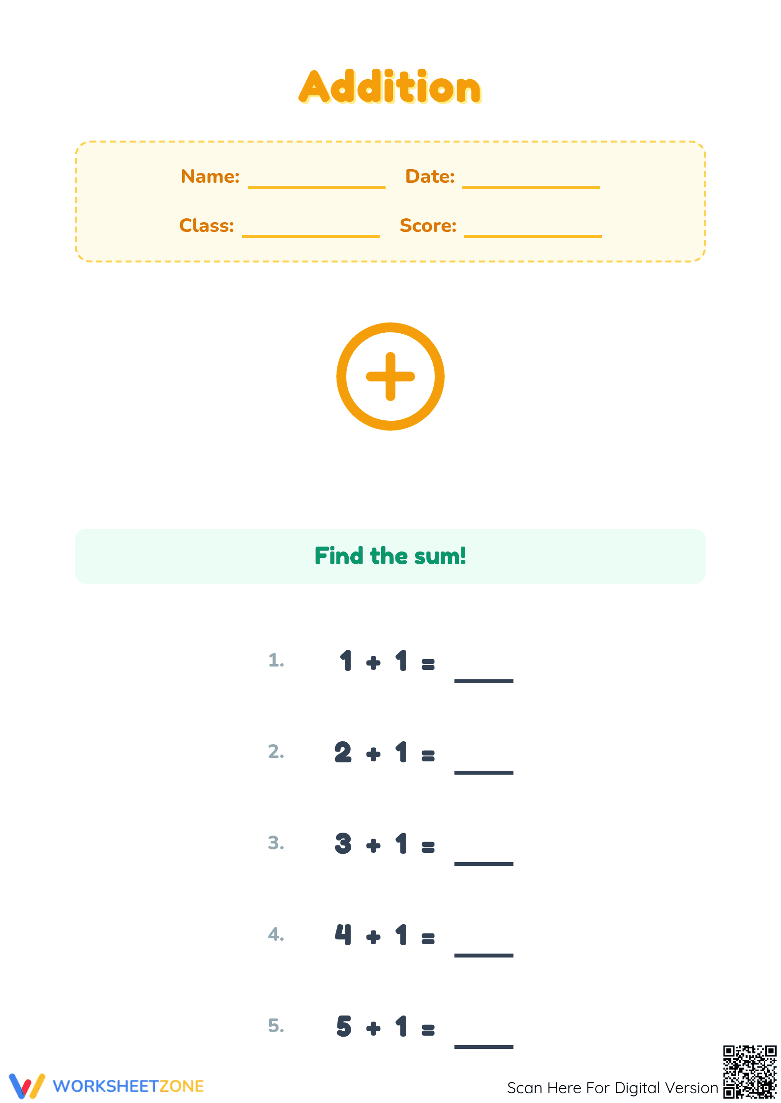 Essential Single-Digit Addition Worksheet | Grade 1 Math - Page 1