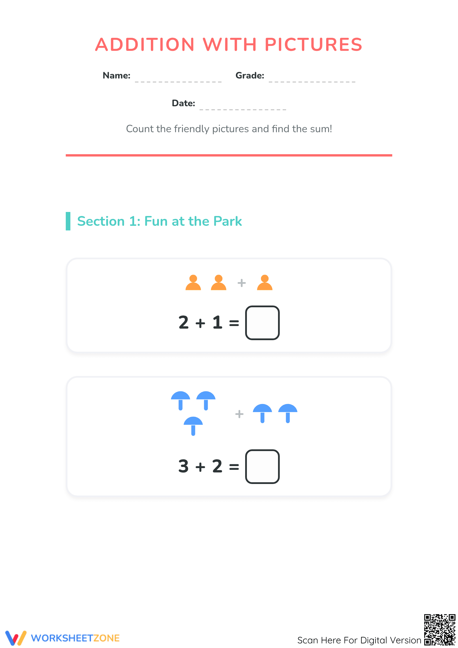 Printable Addition with Pictures Worksheet | Grade K Math - Page 1