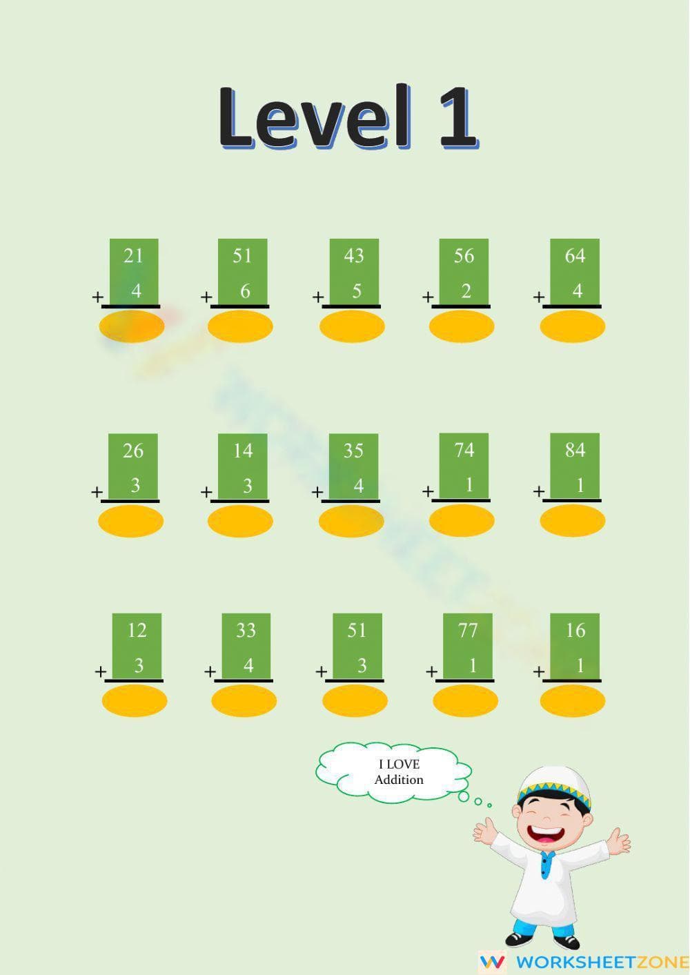 Addition Level 1 Worksheet - Page 1