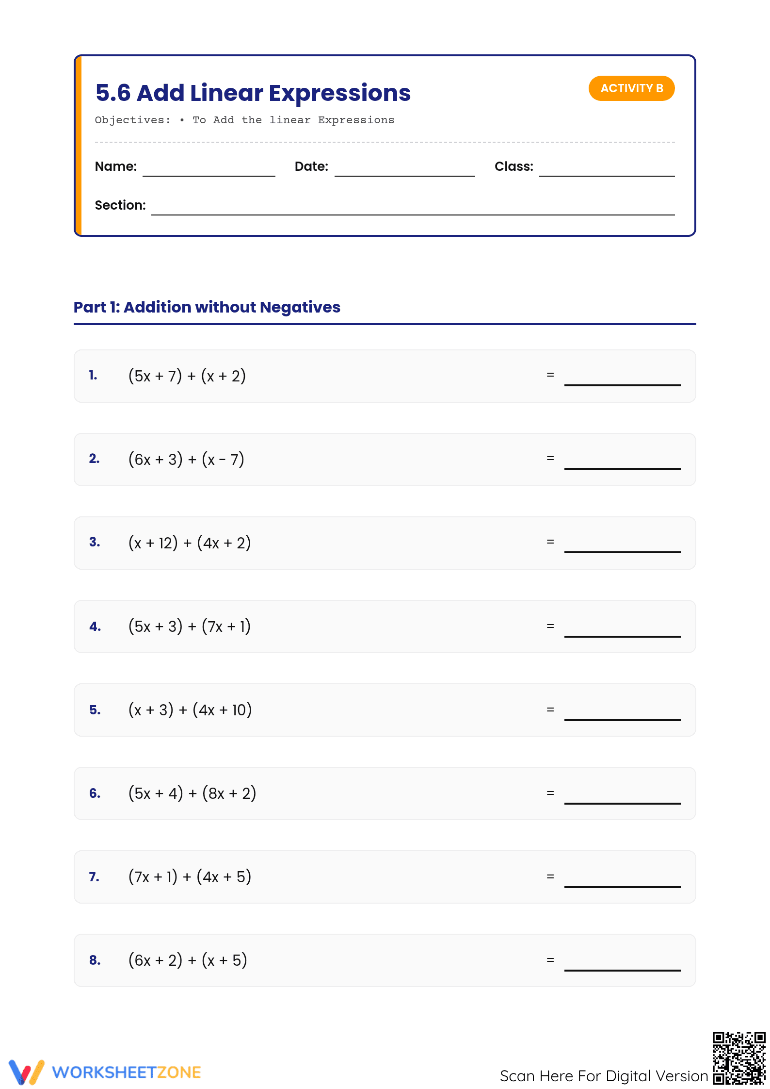 Linear Expressions Worksheet (3 Levels) | Grade 7 Ready - Page 1