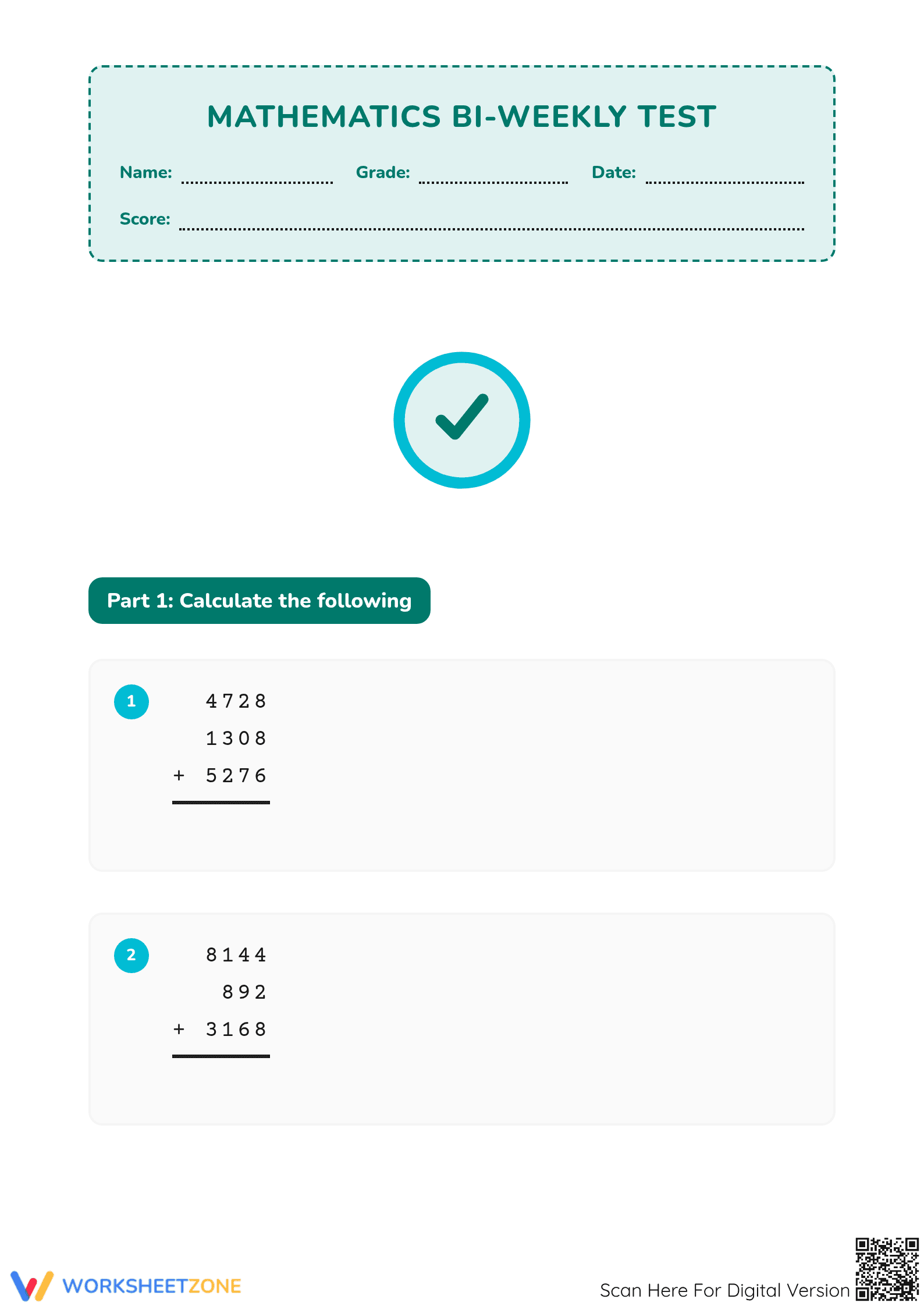 4.NBT.B.4 Worksheet: Multi-Digit Addition — Grade 4 Aligned - Page 1