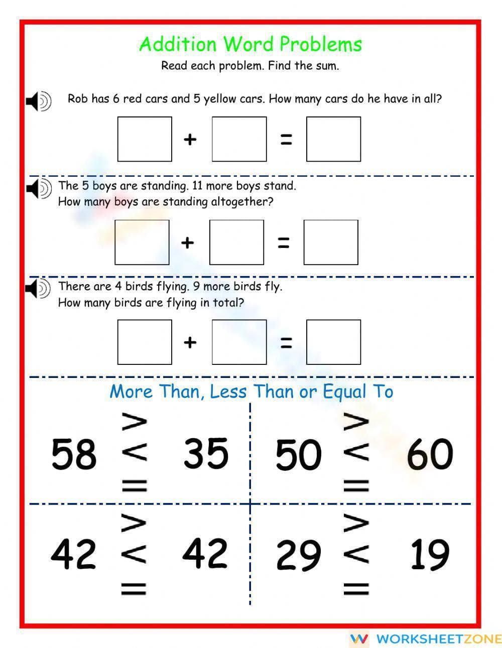 Addition Word Problems and Comparing Numbers - Page 1