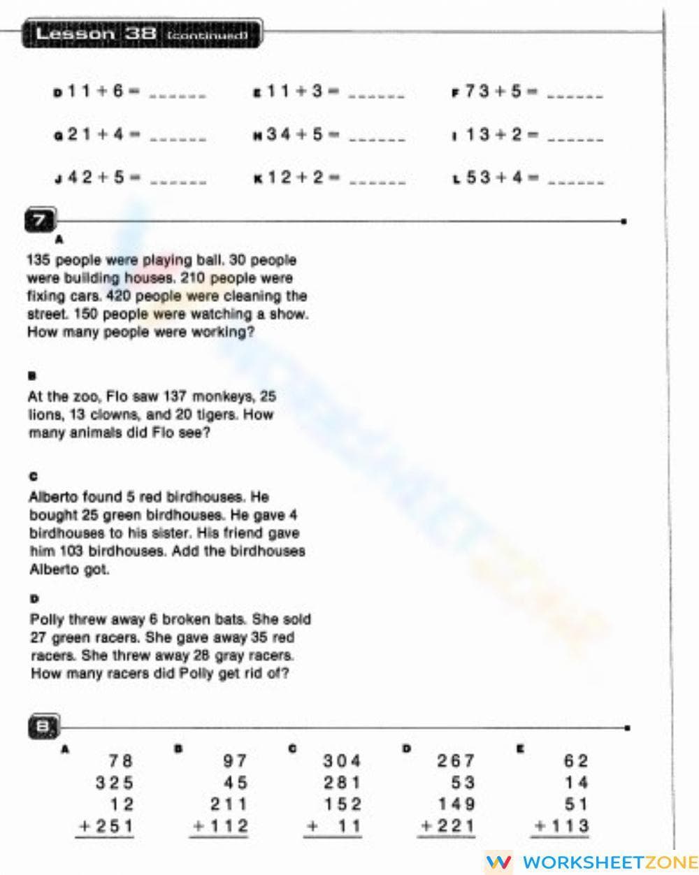 Lesson 38 Addition Practice Worksheet - Page 1