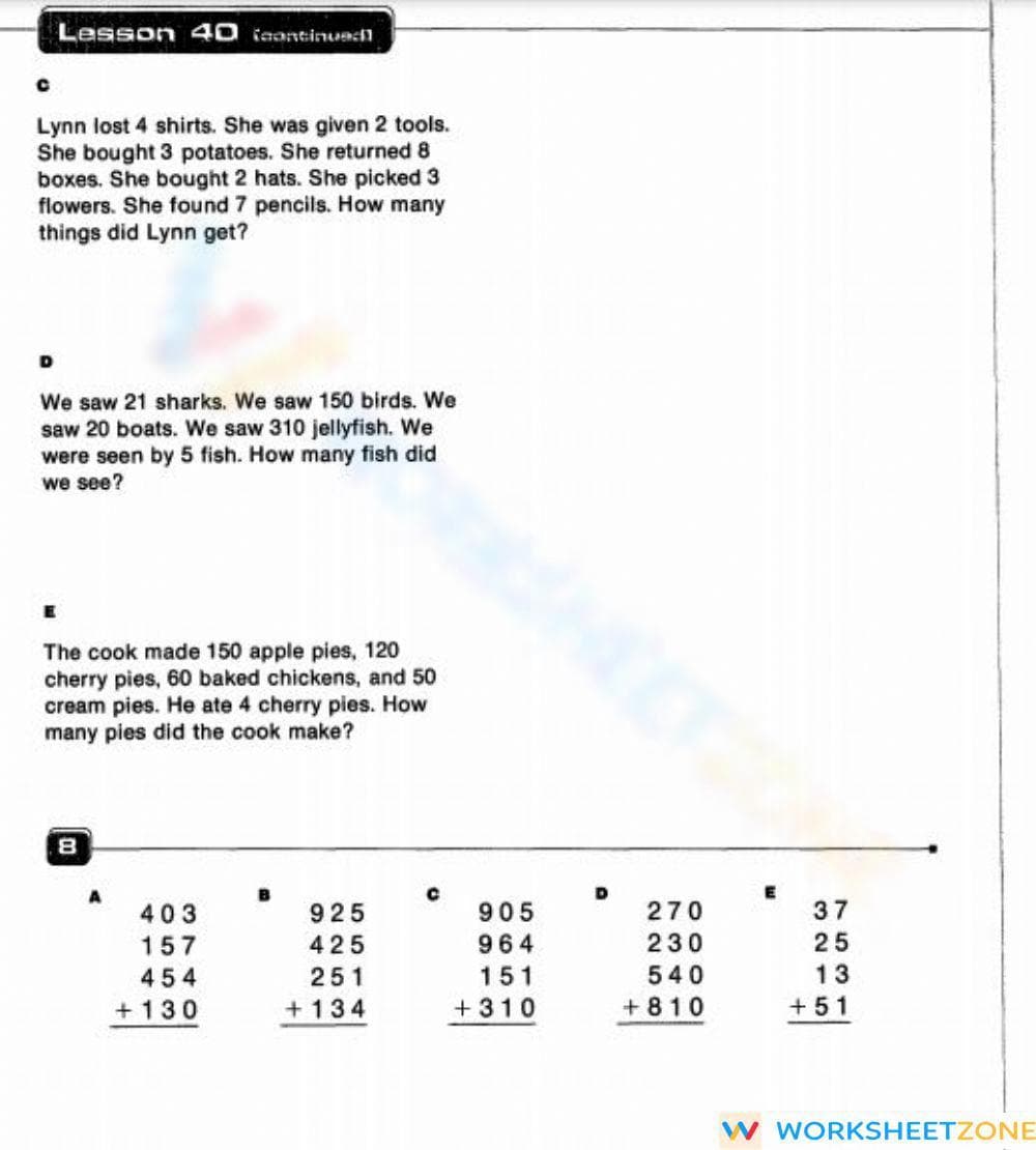 Lesson 40 Addition Practice Worksheet - Page 1