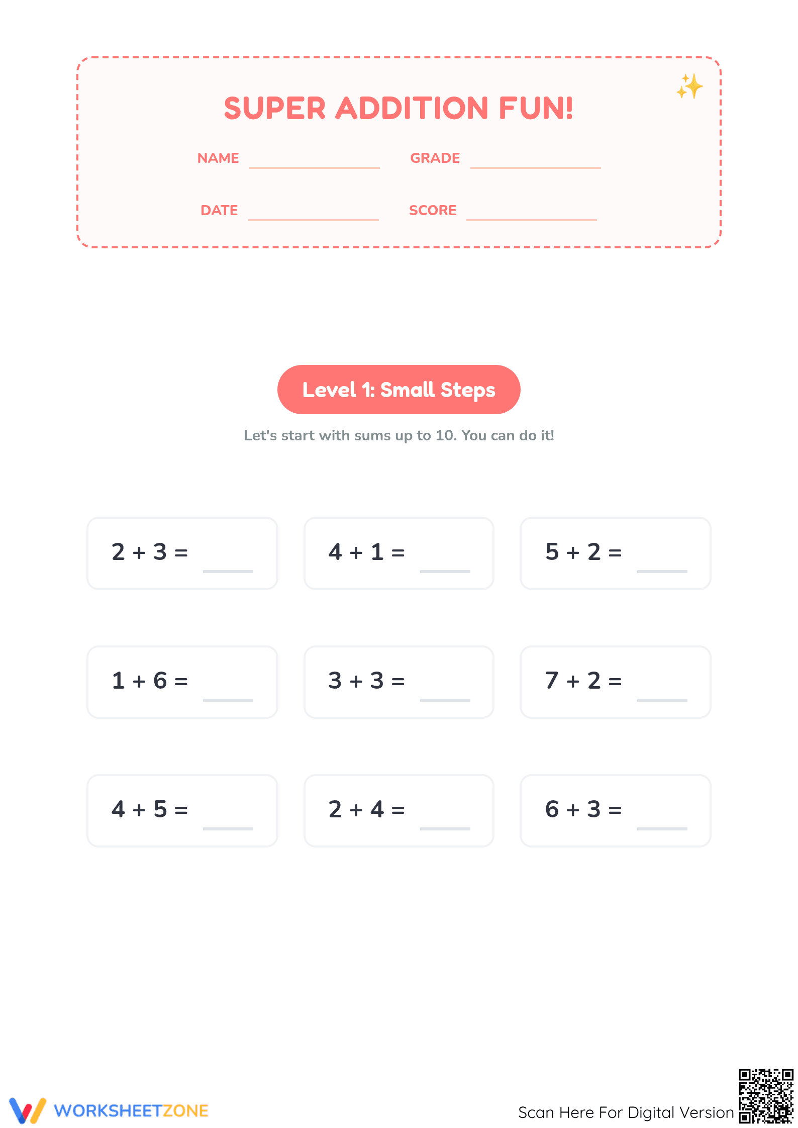 Essential Addition to 20 Worksheet | Grade 1 Math - Page 1