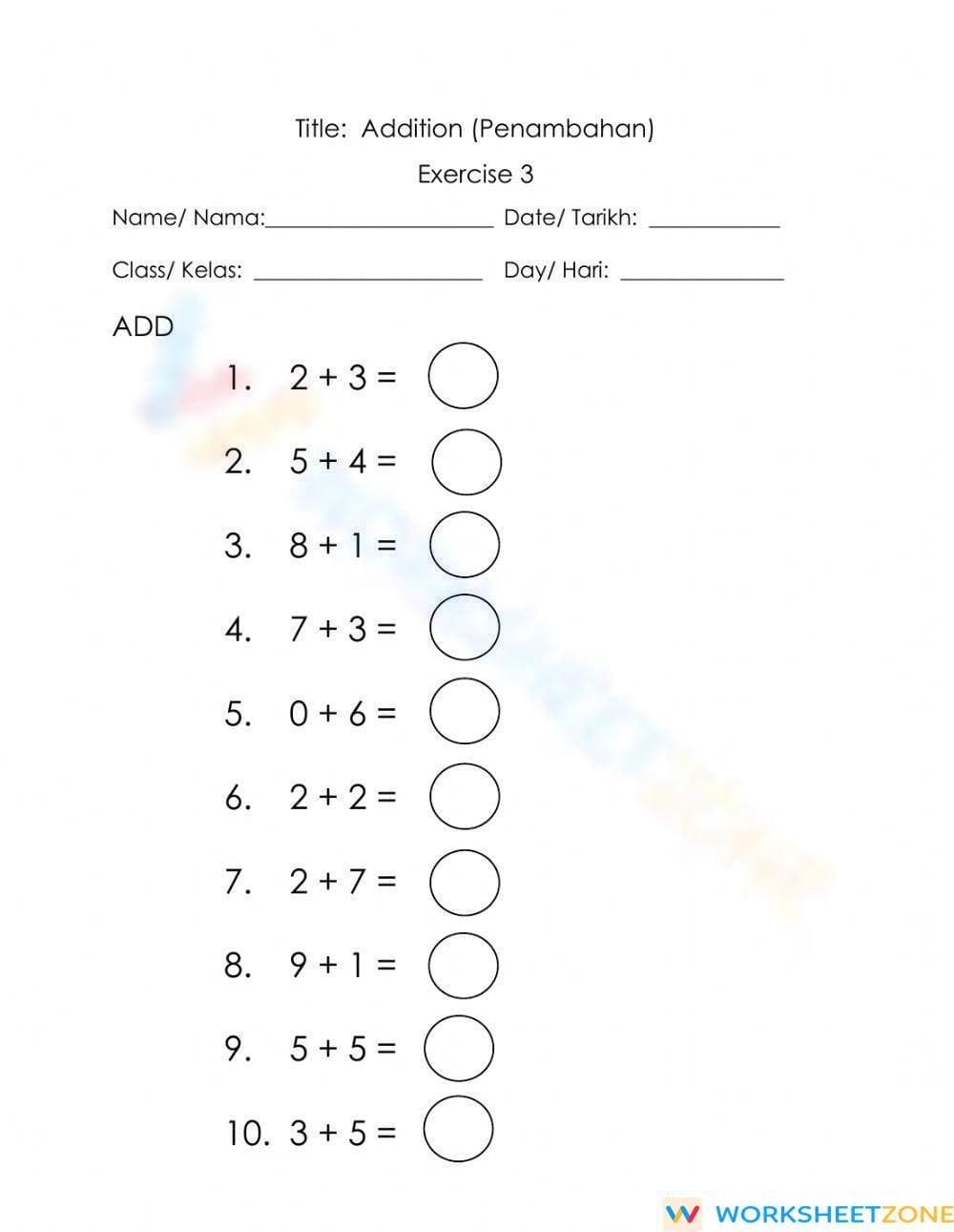 Addition Within 10 for Year 1 - Page 1
