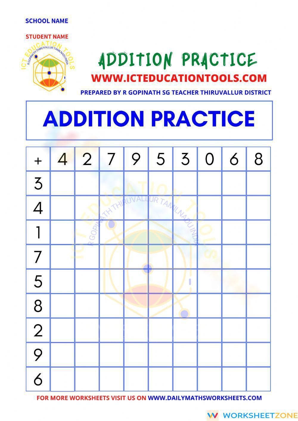 Addition table - Page 1