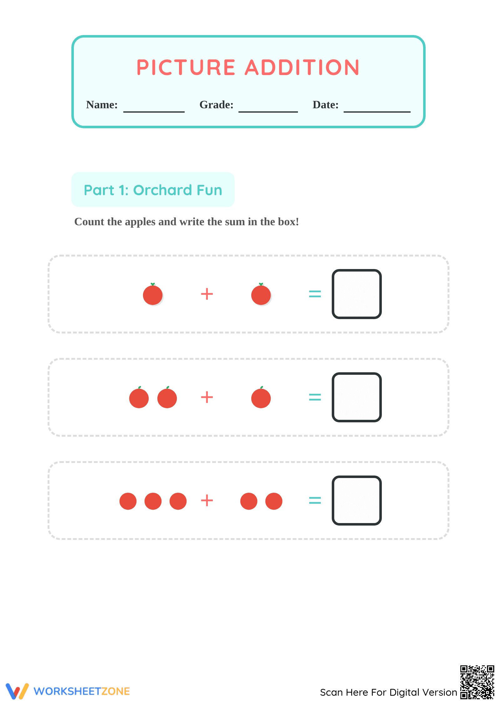 Grade K Picture Addition — Printable No-Prep Worksheet - Page 1