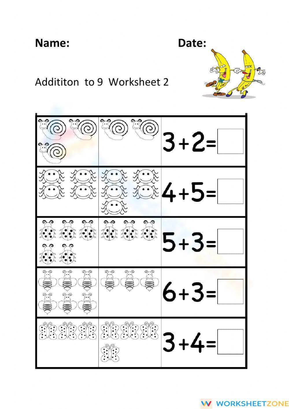 Addition to 9 Worksheet Practice - Page 1