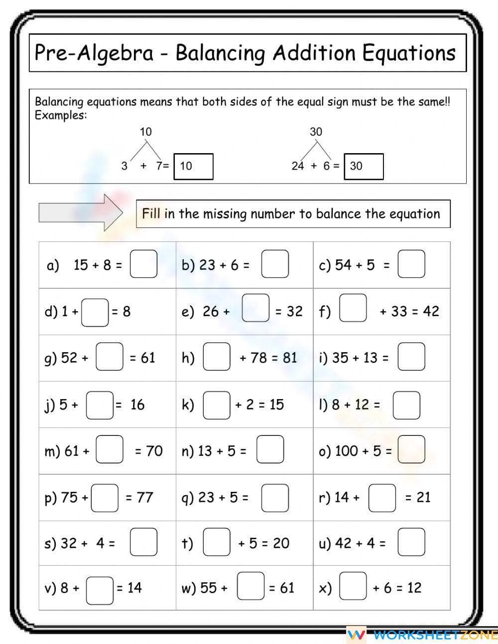 Balancing Equations with Addition: Algebra Worksheet - Page 1