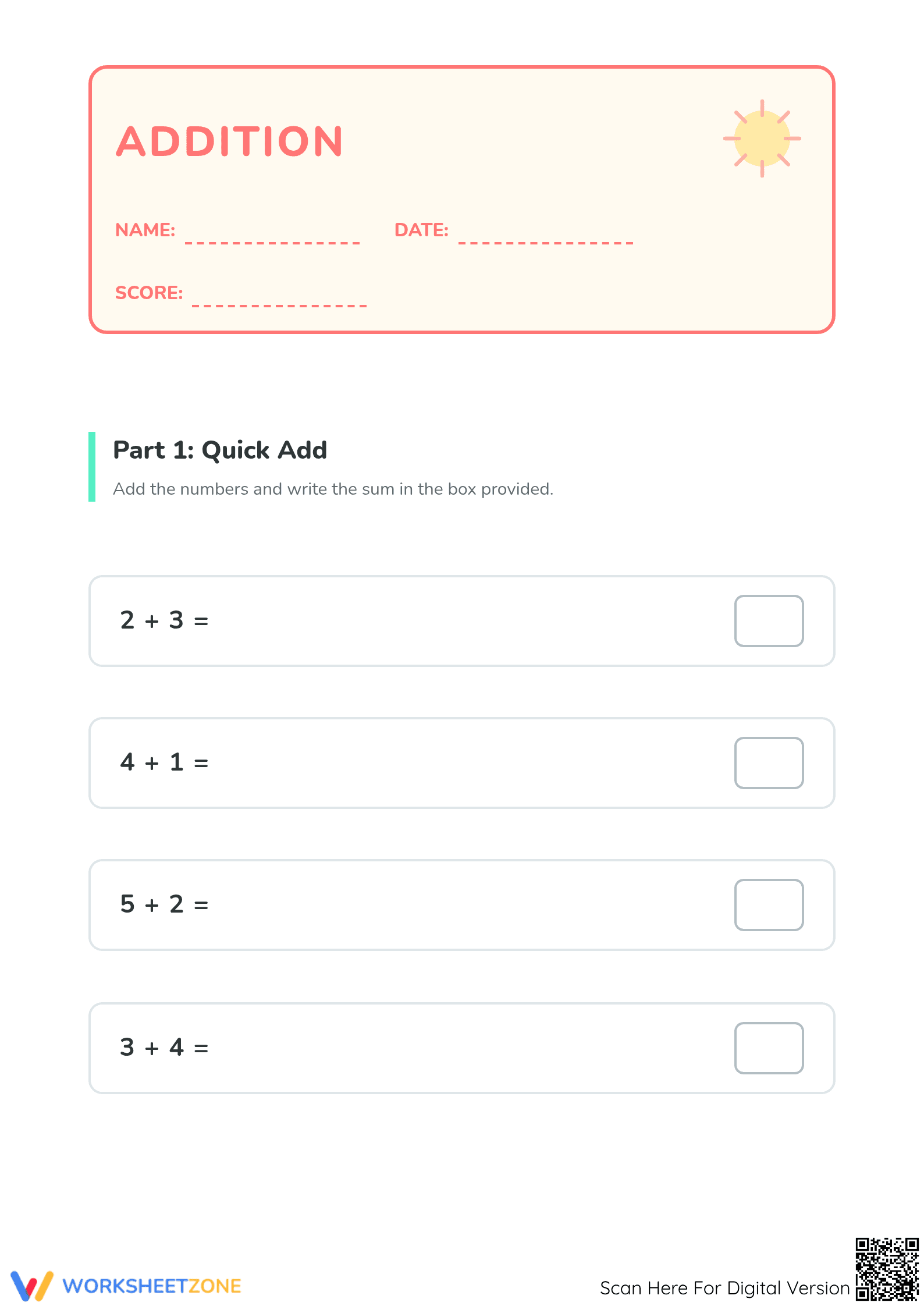 Grade 1 Addition — Printable No-Prep Worksheet - Page 1