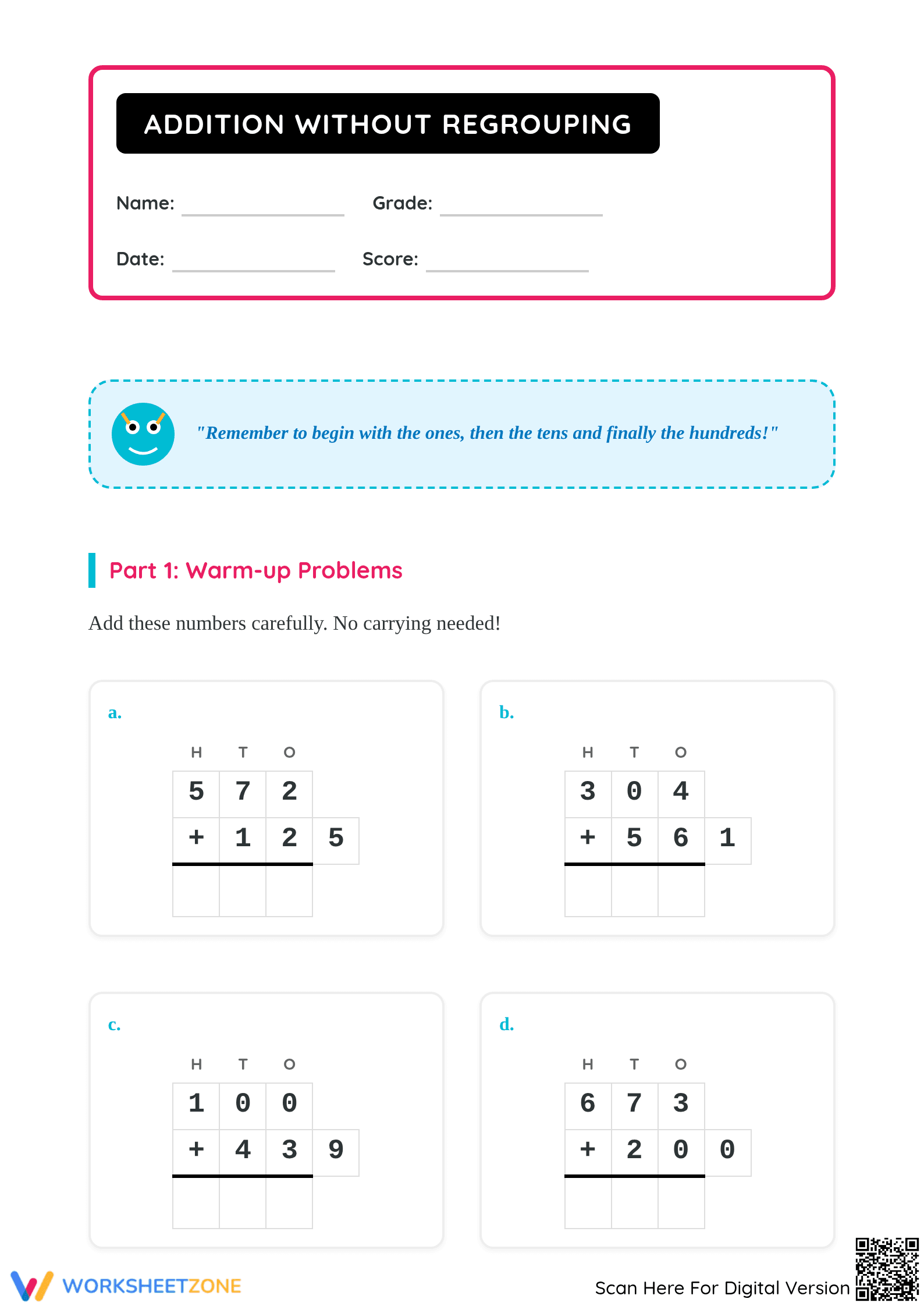 Grade 2 Math: 3-Digit Addition — Printable No-Prep Worksheet - Page 1