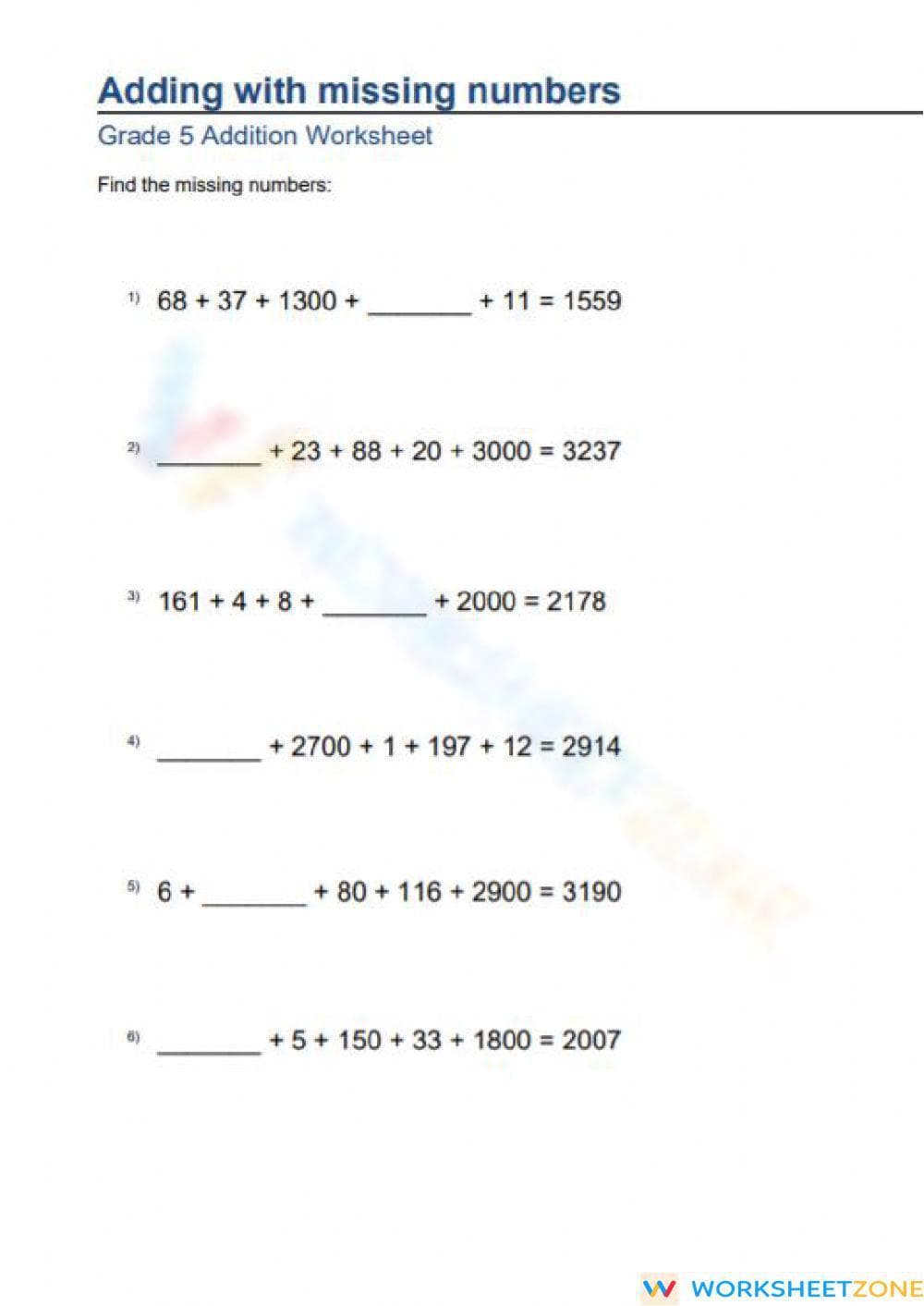 Find the Missing Numbers: Grade 5 Worksheet - Page 1