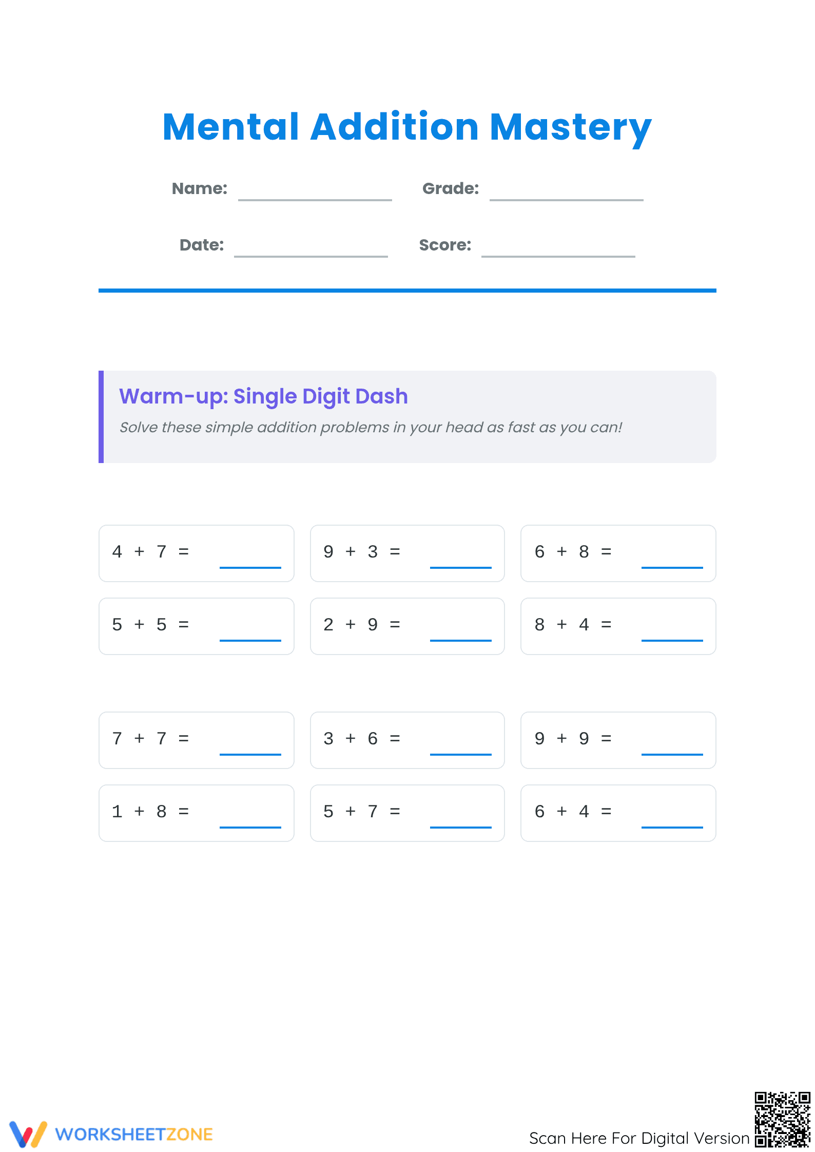 Essential Mental Addition Worksheet | Grade 3 Math - Page 1