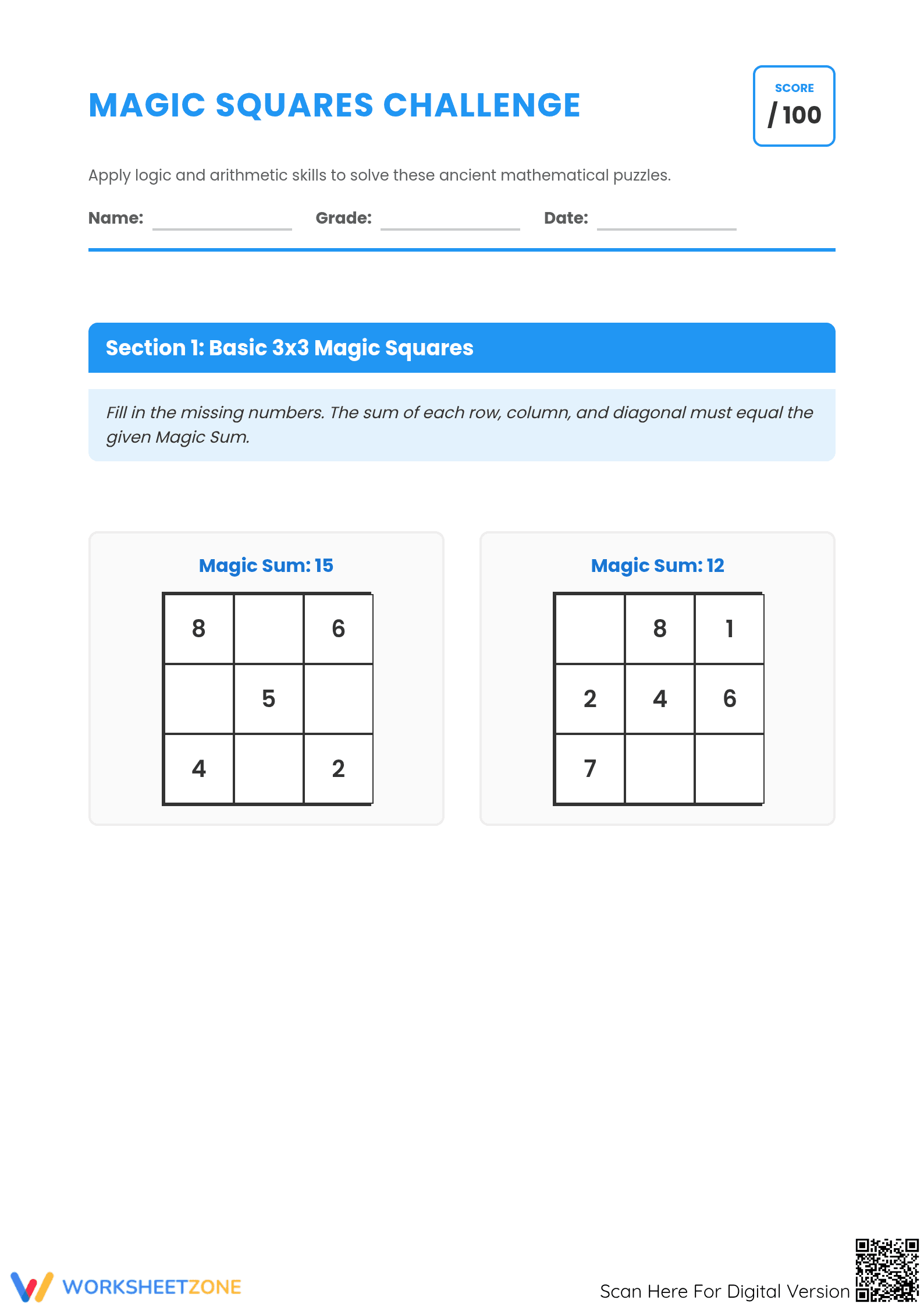 Grade 4 Magic Squares — Printable No-Prep Worksheet - Page 1