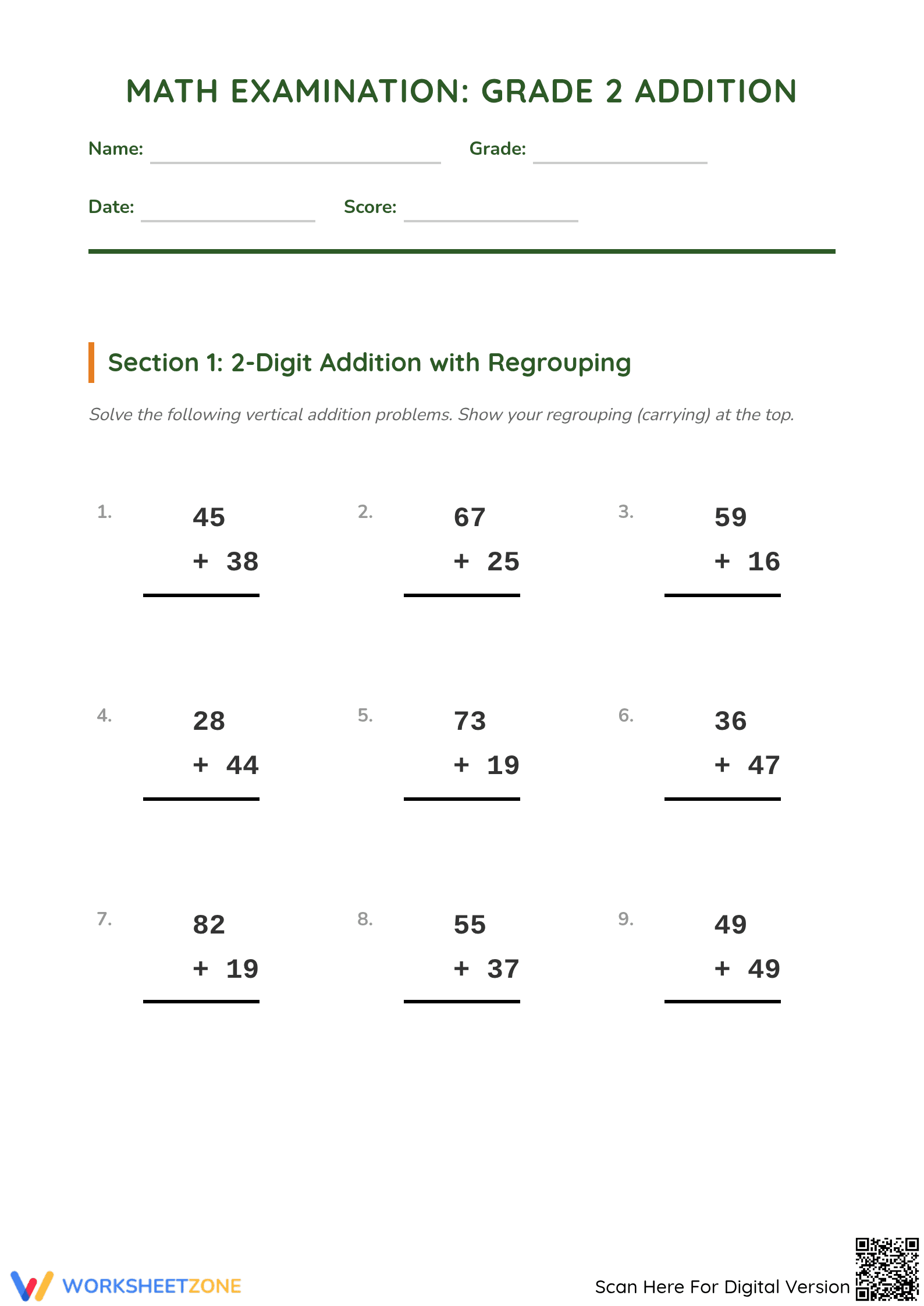 Essential Grade 2 Addition With Regrouping Worksheet - Page 1