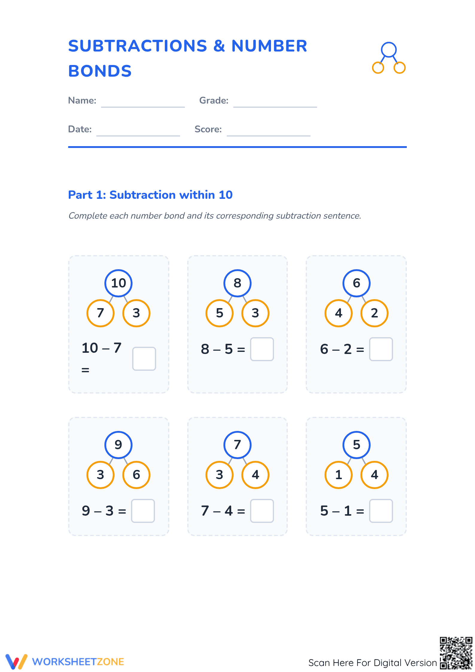 Grade 1 Subtraction — Essential No-Prep Worksheet - Page 1