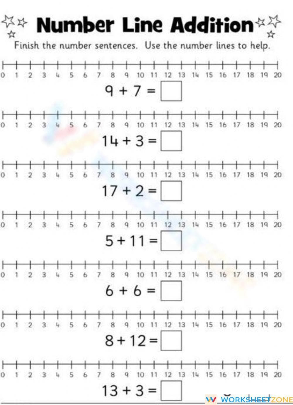 Number Line Addition Within Twenty Practice - Page 1