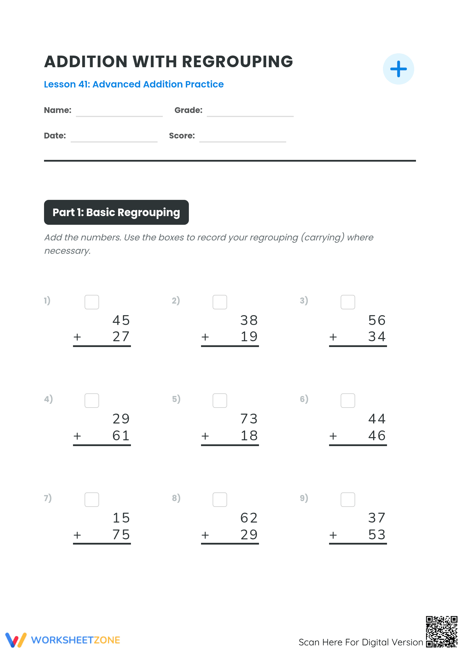 Printable Addition with Regrouping Worksheet | Grade 2 Math - Page 1