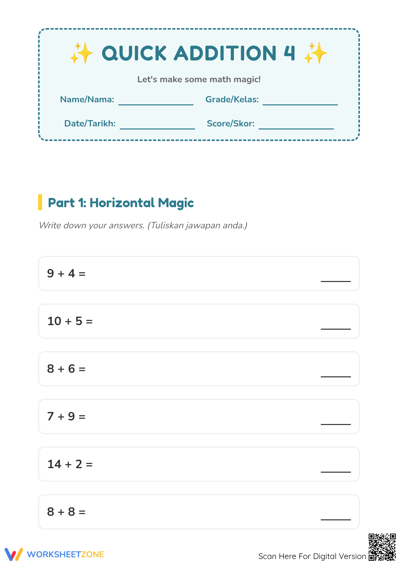 Printable Addition Worksheet | Grade 1 Math Practice - Page 1