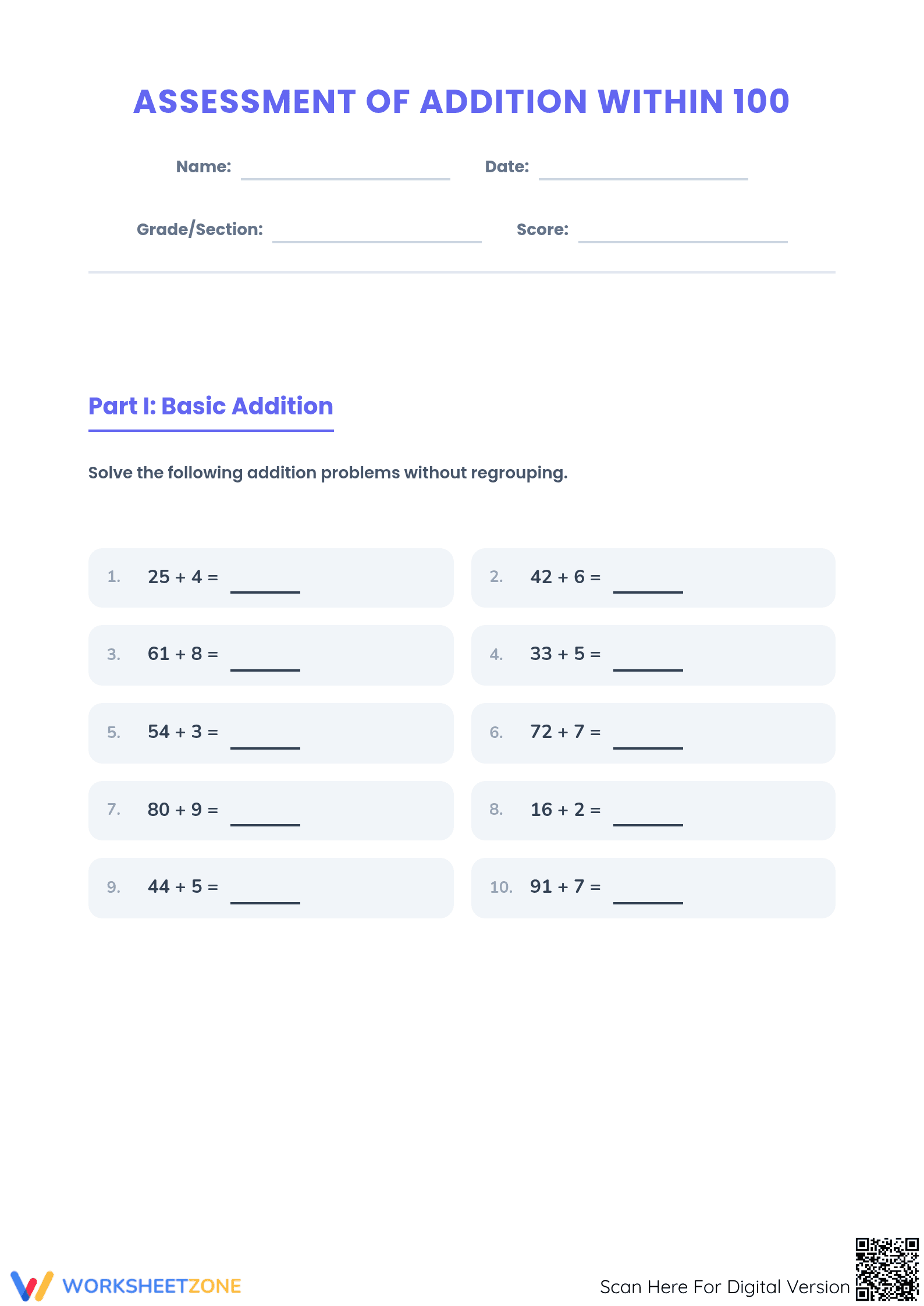 2.NBT.B.5 Worksheet: Addition within 100 — Grade 2 Aligned - Page 1