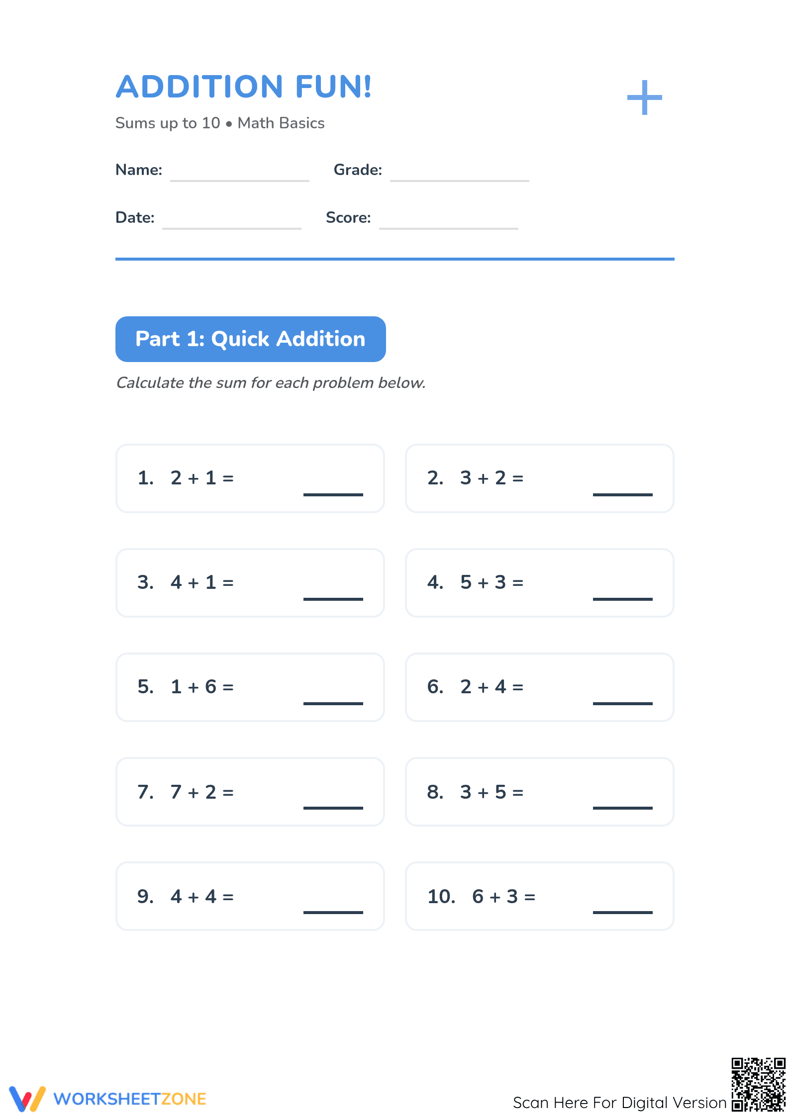 Printable Addition within 10 Worksheet | Grade 1 Math - Page 1