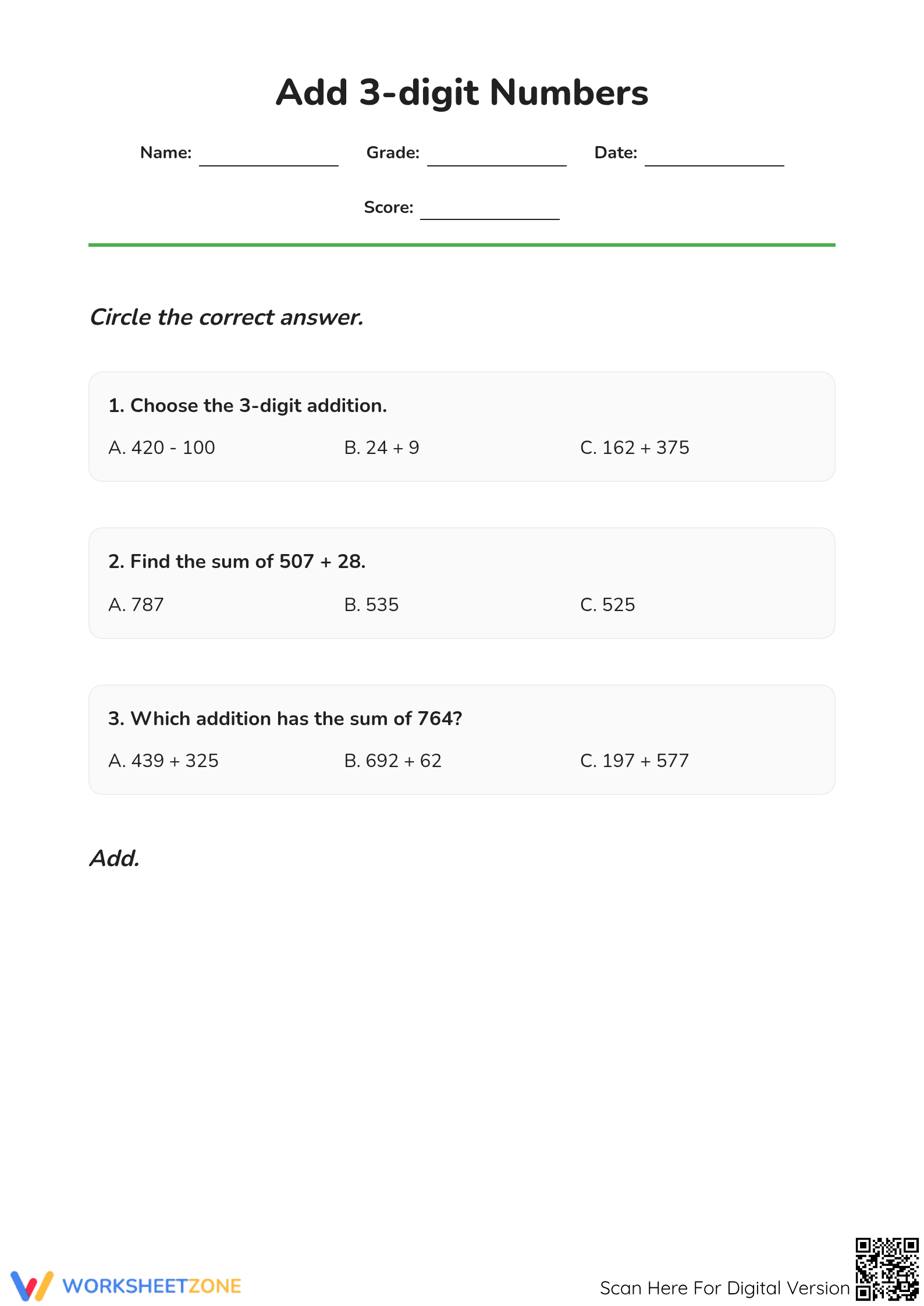 3-Digit Addition Worksheet | Grade 2 Essential - Page 1