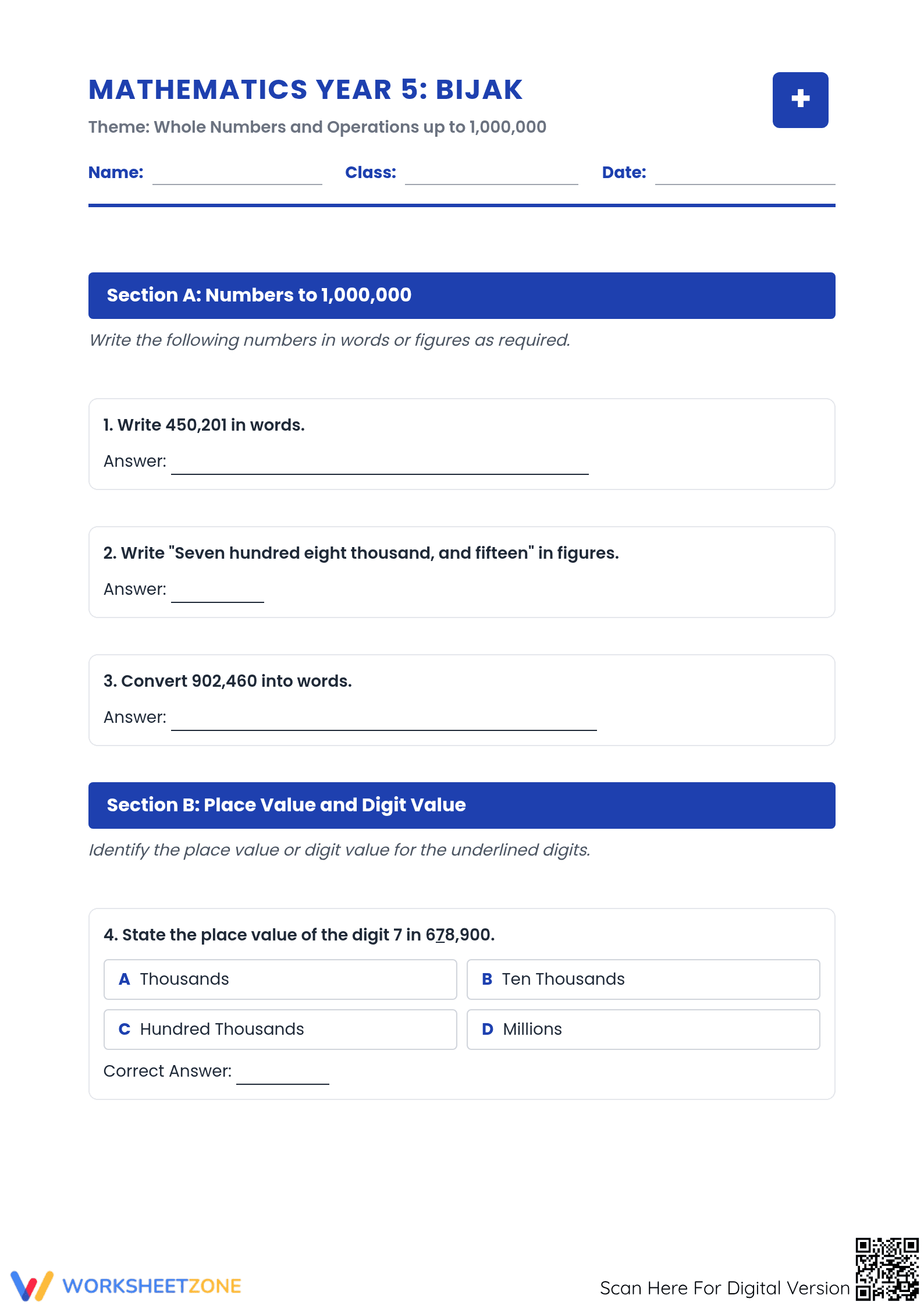 Printable Whole Numbers Worksheet | Grade 5 Math - Page 1