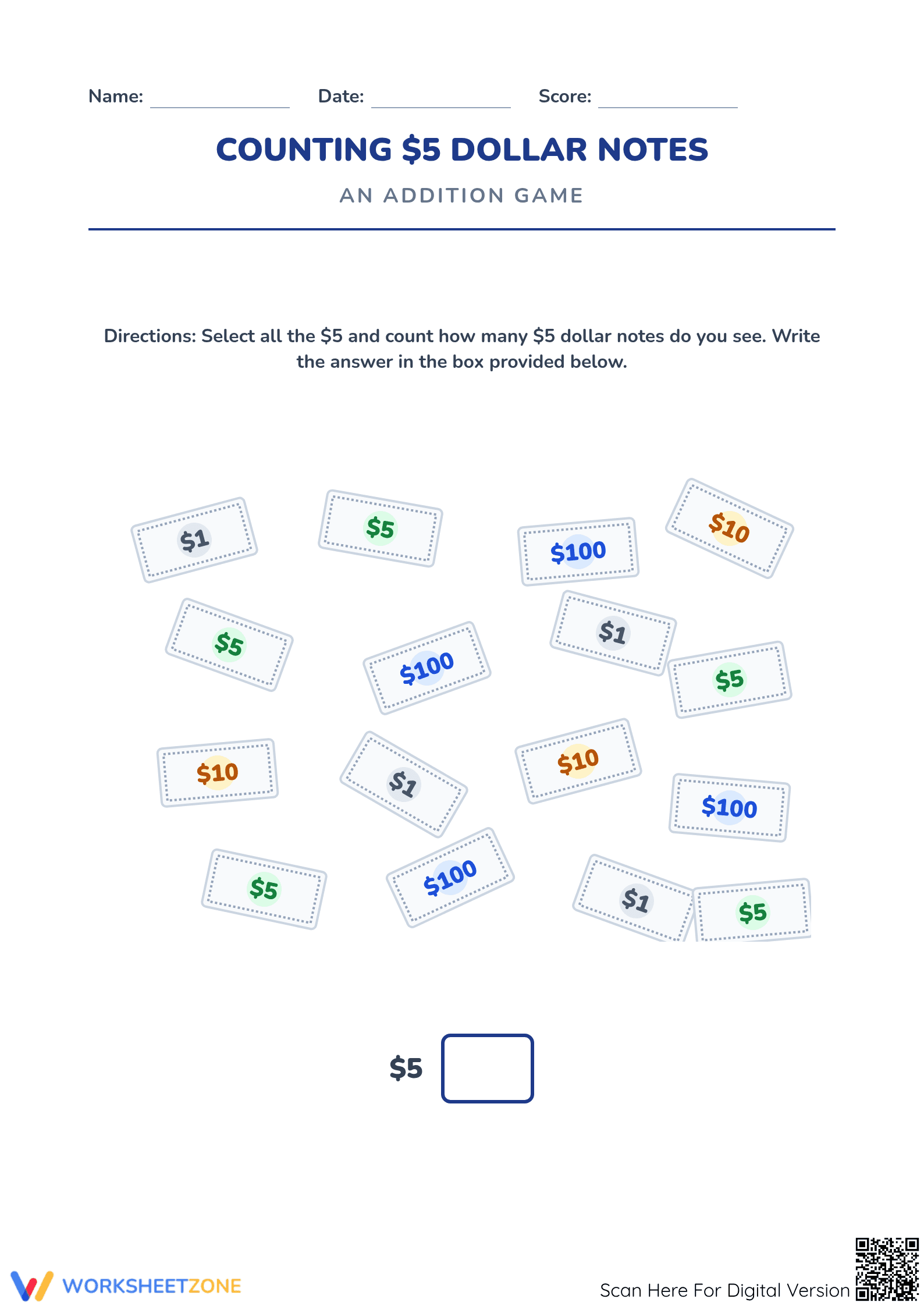 Counting $5 Notes Worksheet | Grade 1 Essential Math - Page 1