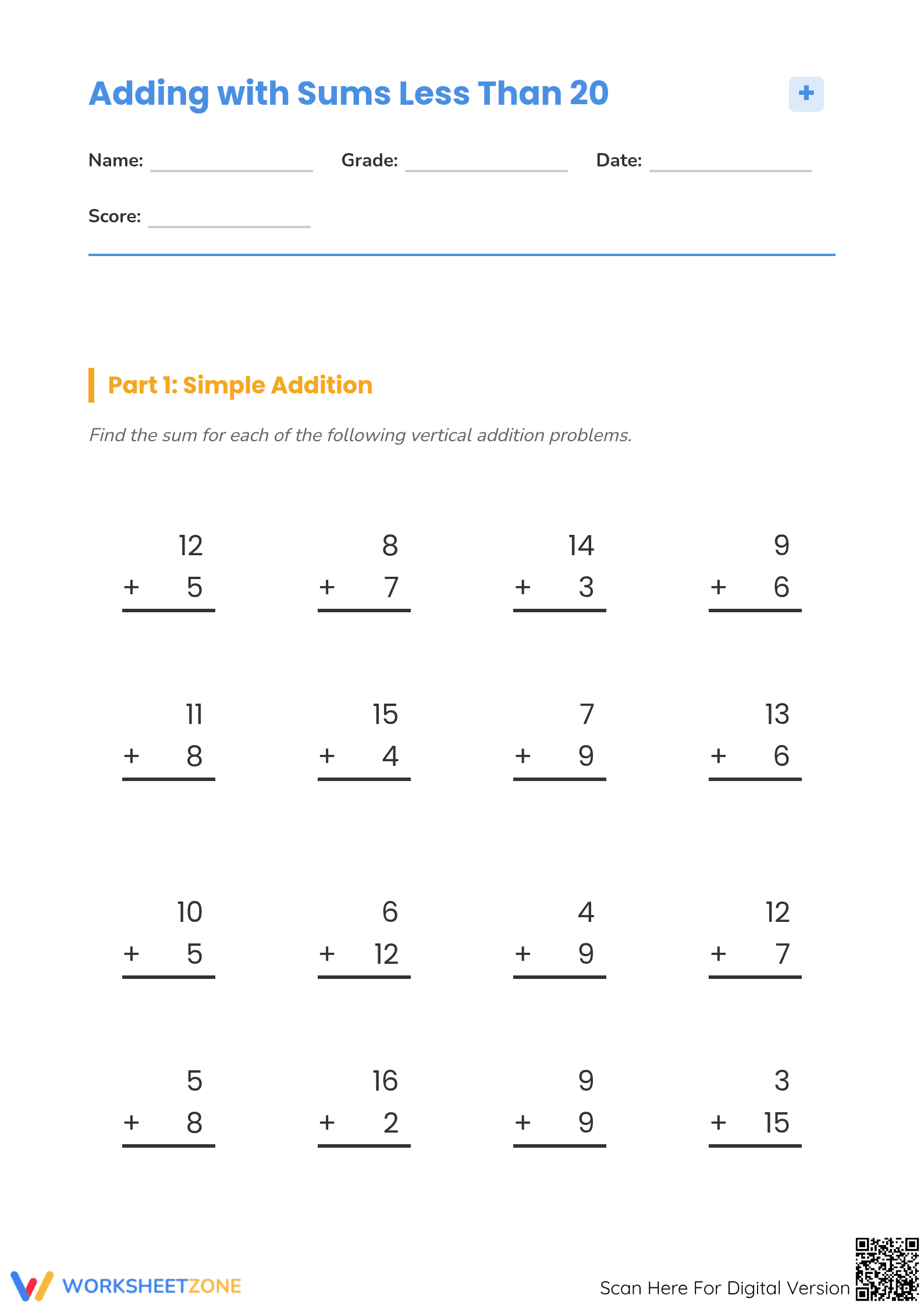Essential Addition to 20 Worksheet | Grade 1 Math - Page 1
