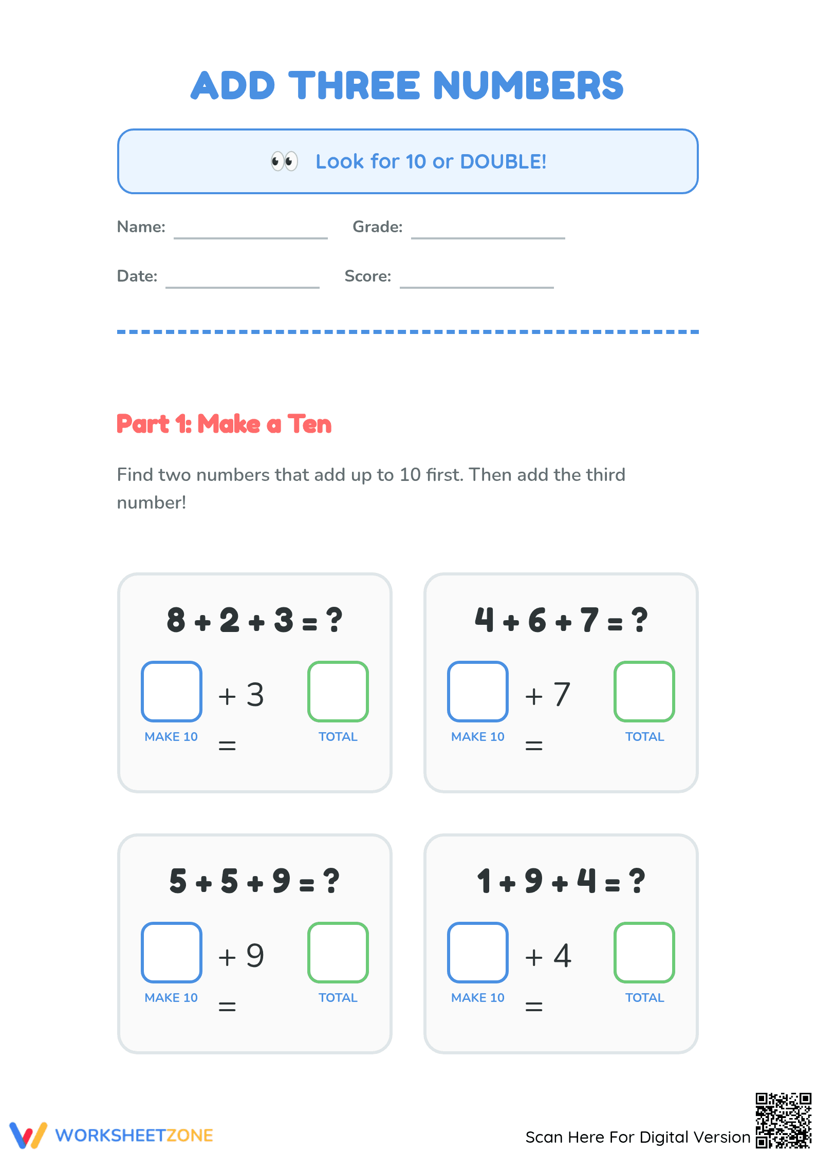 Essential Adding Three Numbers Worksheet | Grade 1 Math - Page 1